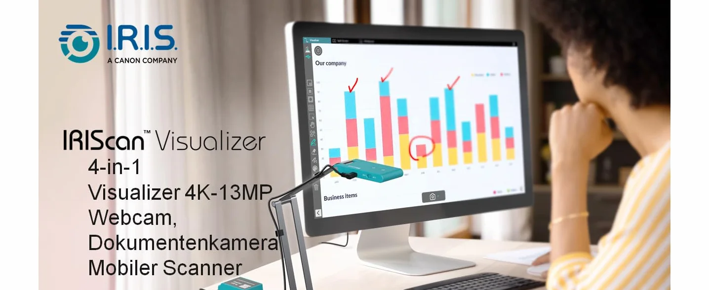 Iriscan Visualizer kamera internetowa 4K UltraHD 13 MP 4 w 1 skaner A3 dokumentów autofokus LED USB WinMac