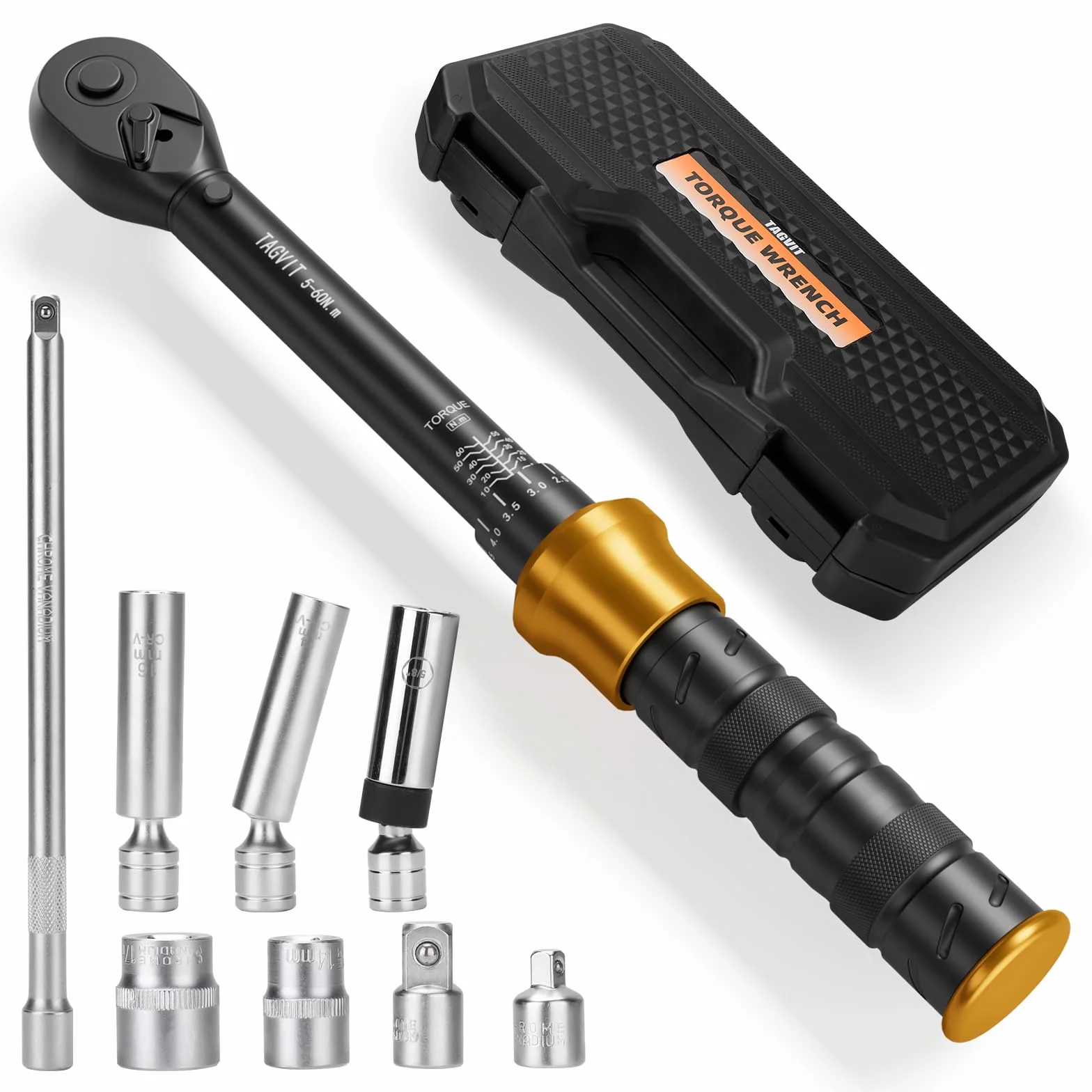 Klucz dynamometryczny 3/8", 5-60 Nm, dokładność ± 3%, 9 sztuk kluczy dynamometrycznych z przedłużką 250 mm, magnetycznym gniazdem świecy, adapterem i gniazdkiem, do zmiany świec samochodowych