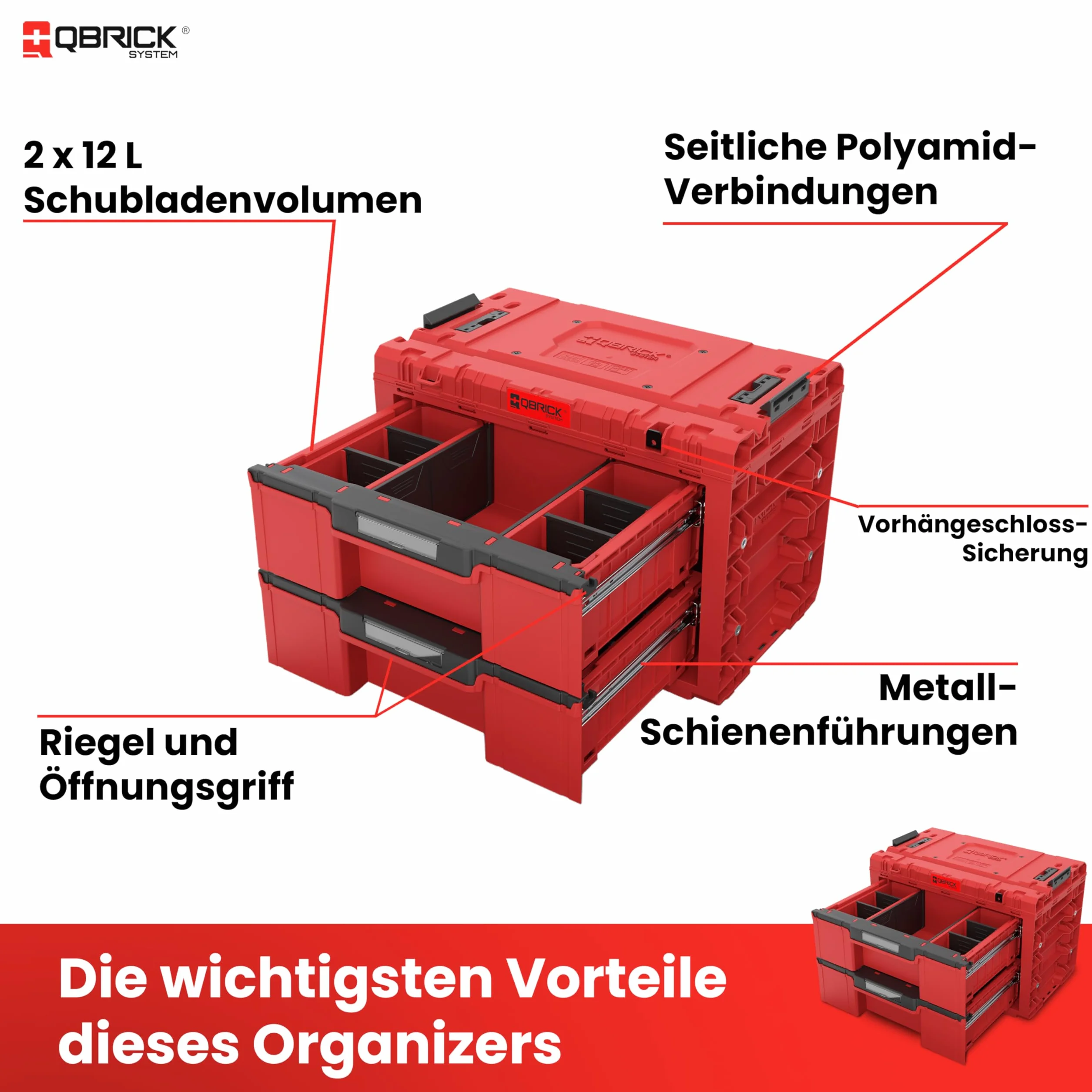 Qbrick System Skrzynka narzędziowa pusta – 2 szuflady – skrzynka na narzędzia – mobilny adapter na kółkach – 542 x 335 x 369 mm – czerwona Ultra HD