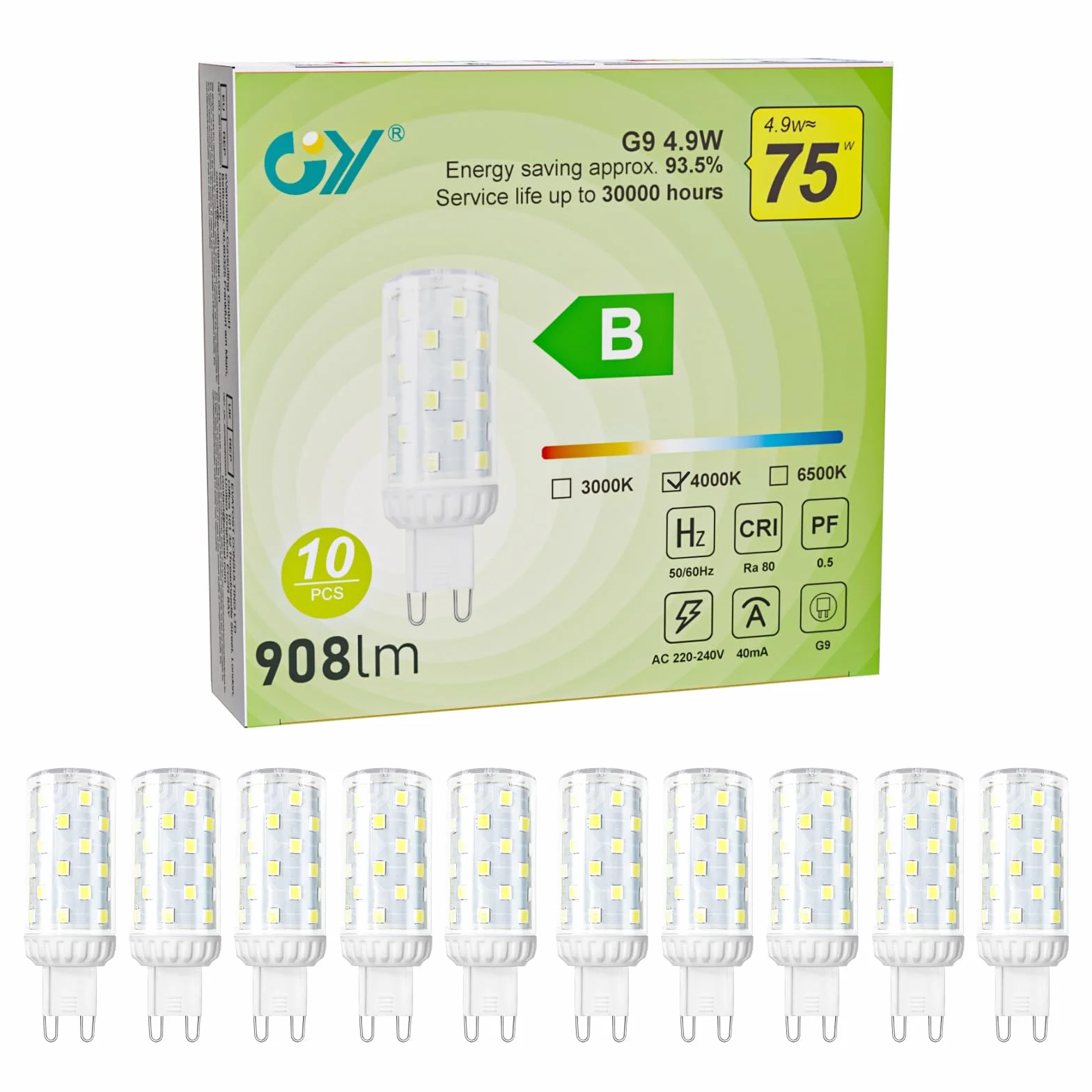 GY G9 Led ?arówka neutralna biel 4000K, 4,9 W 908 LM Odpowiednik 75 W, energooszcz?dna ?arówka LED G9 klasa B, 23 mm x 74 mm, 220-240 V, nie?ciemnialna, niemigocz?ca, zestaw 10 szt