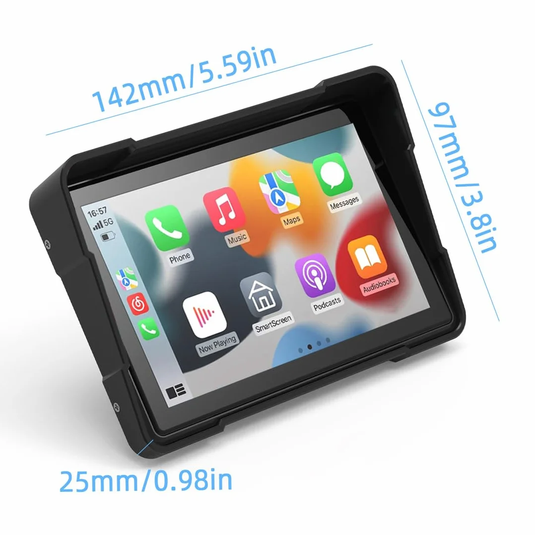 5-calowy przenośny ekran dotykowy do motocykla, bezprzewodowy ekran dotykowy CarPlay i Android Auto Dual Bluetooth, wodoodporność IP66, obsługa Siri i G-oogle Assistant