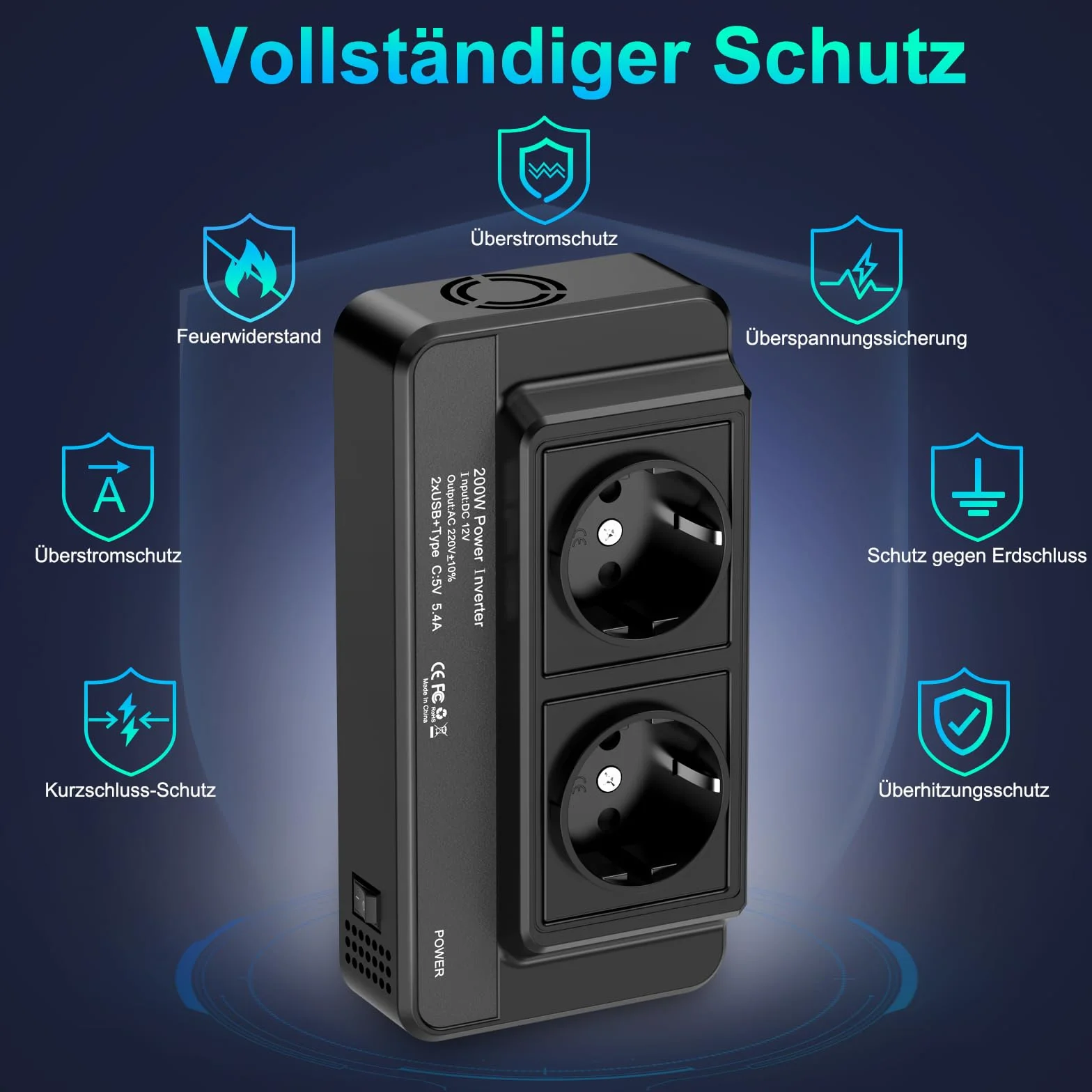 Falownik samochodowy 200 W, 12 V na 230 V, z 2 gniazdami, 3 USB i ładowarką samochodową, kolor czarny