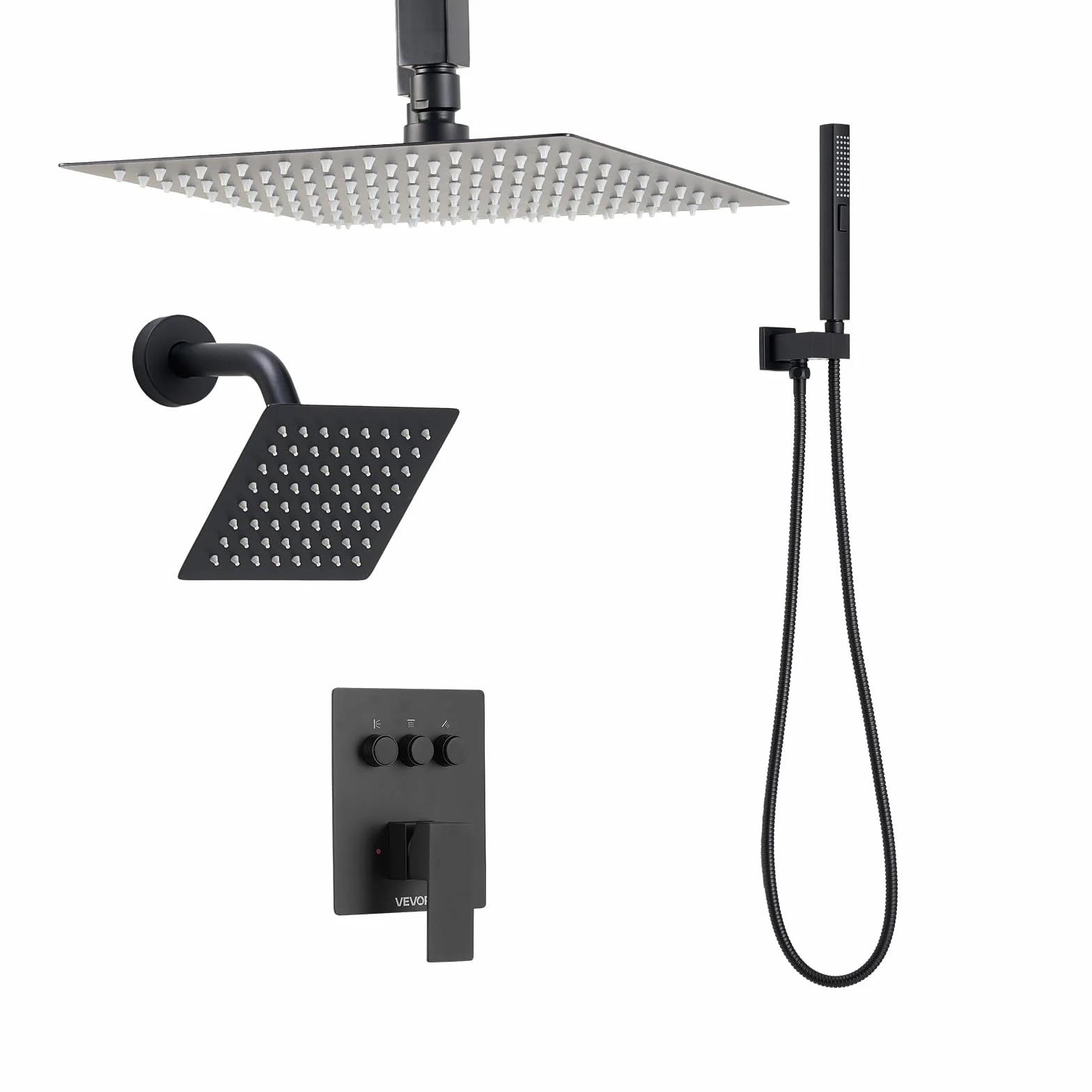 VEVOR Zestaw baterii prysznicowych, 25 cm sufitowy system prysznicowy z deszczownicą 6-calową głowicą do montażu na ścianie i ręcznym natryskiem 2 w 1, obrotowy, 3-funkcyjny, podwójny zawór deszczowy