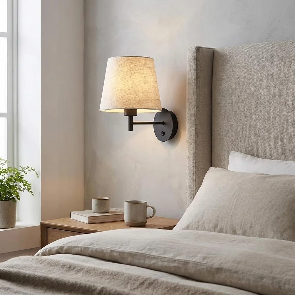 BARCELONA LED Kinkiet Ścienny z Abażurem z Lnu Beżowym i Metalową Czarną Konstrukcją, Wbudowany Włącznik, Lampa do Czytania do Sypialni, Biura, Korytarza, Schodów, Salonu