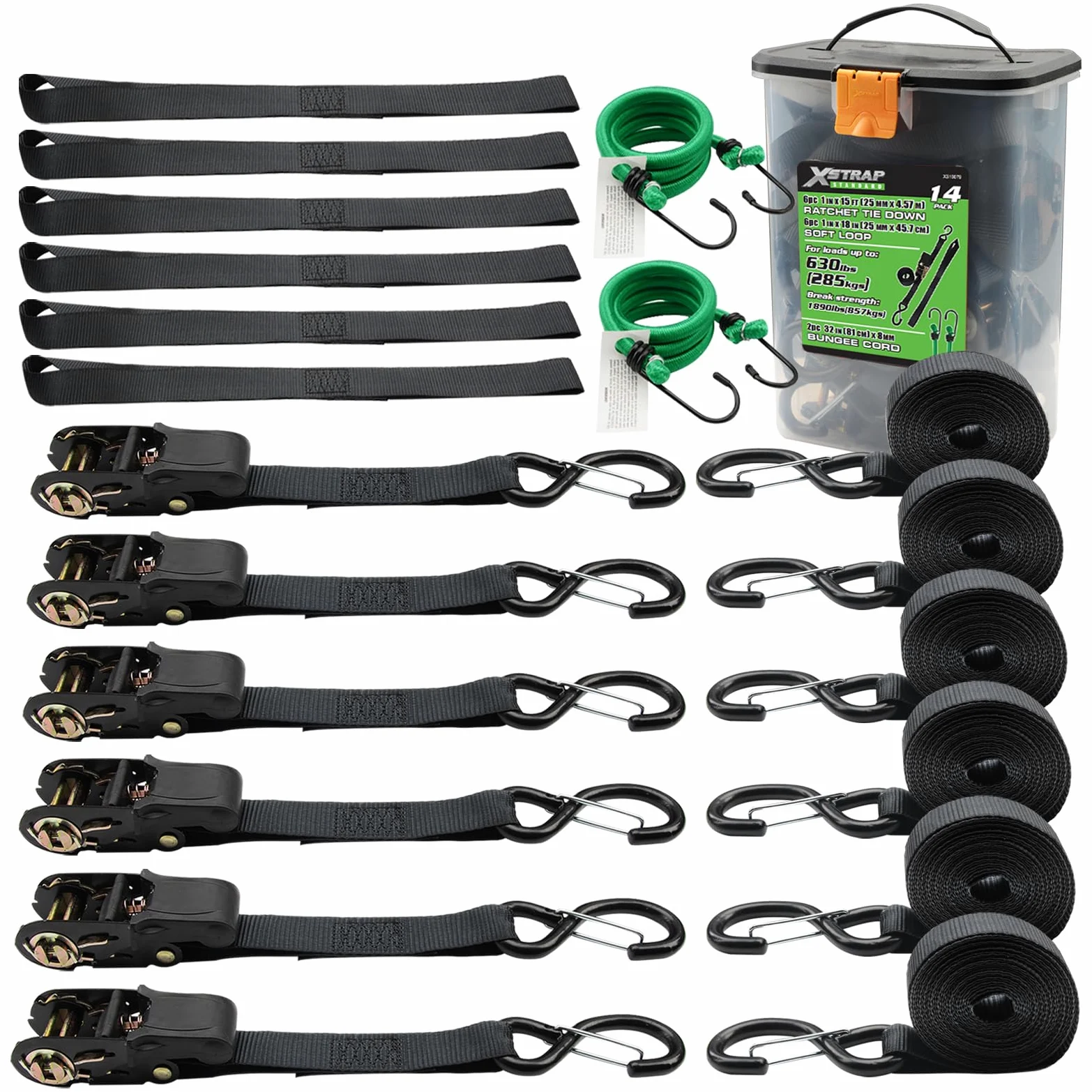 XSTRAP STANDARD Pasy mocujące z grzechotką, 6 szt., 2,5 cm x 15 cm, wytrzymałość na rozerwanie 857 kg, haczyki z zamkiem bezpieczeństwa, z 6 miękkimi pętelkami, 2 sznurki bungee, logistyczne paski