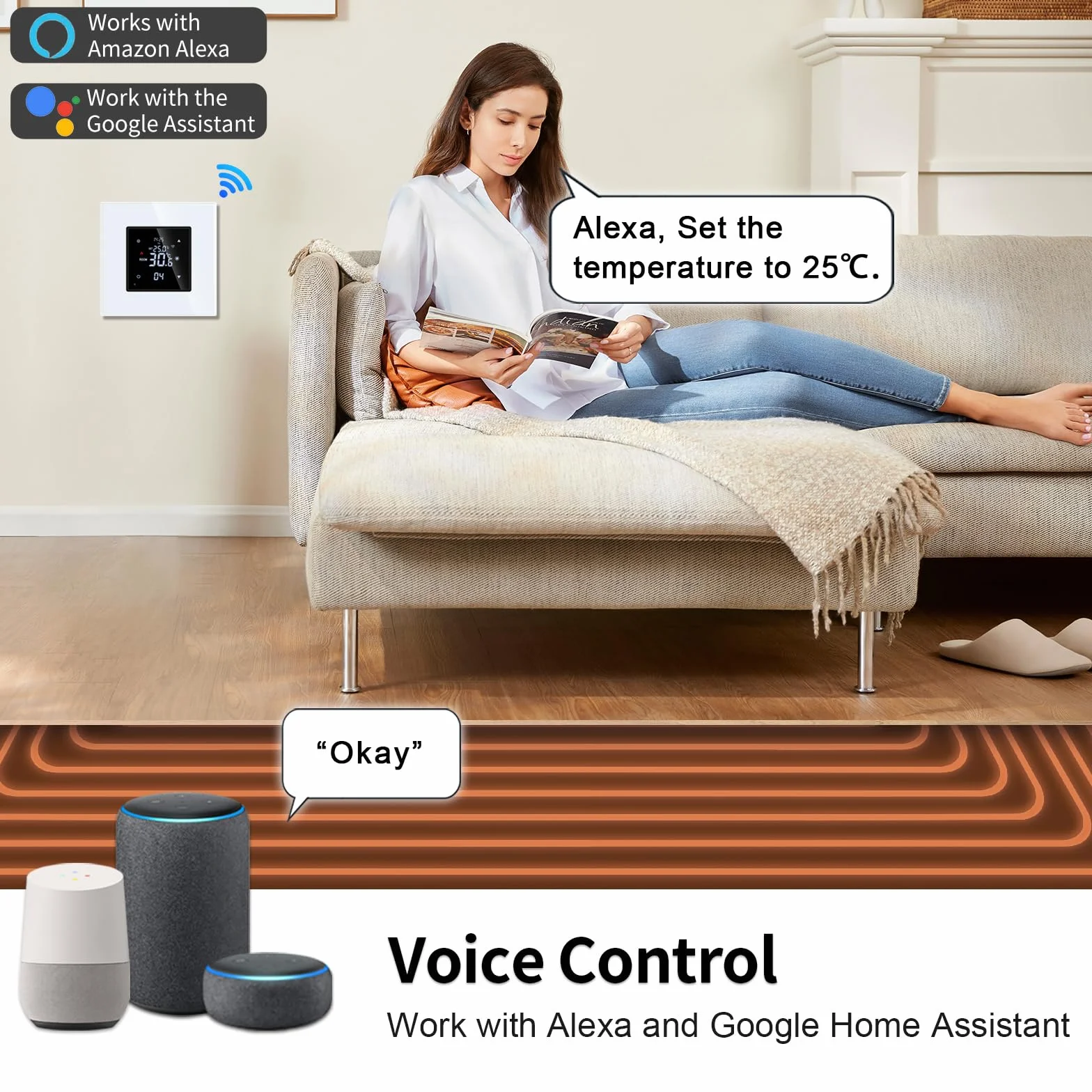 JIMEIDA Inteligentny termostat, biała komora grzewcza podłogowa z Alexa Echo, Google Assistant, komora stałej temperatury do ogrzewania elektrycznego i regulacji temperatury ogrzewania
