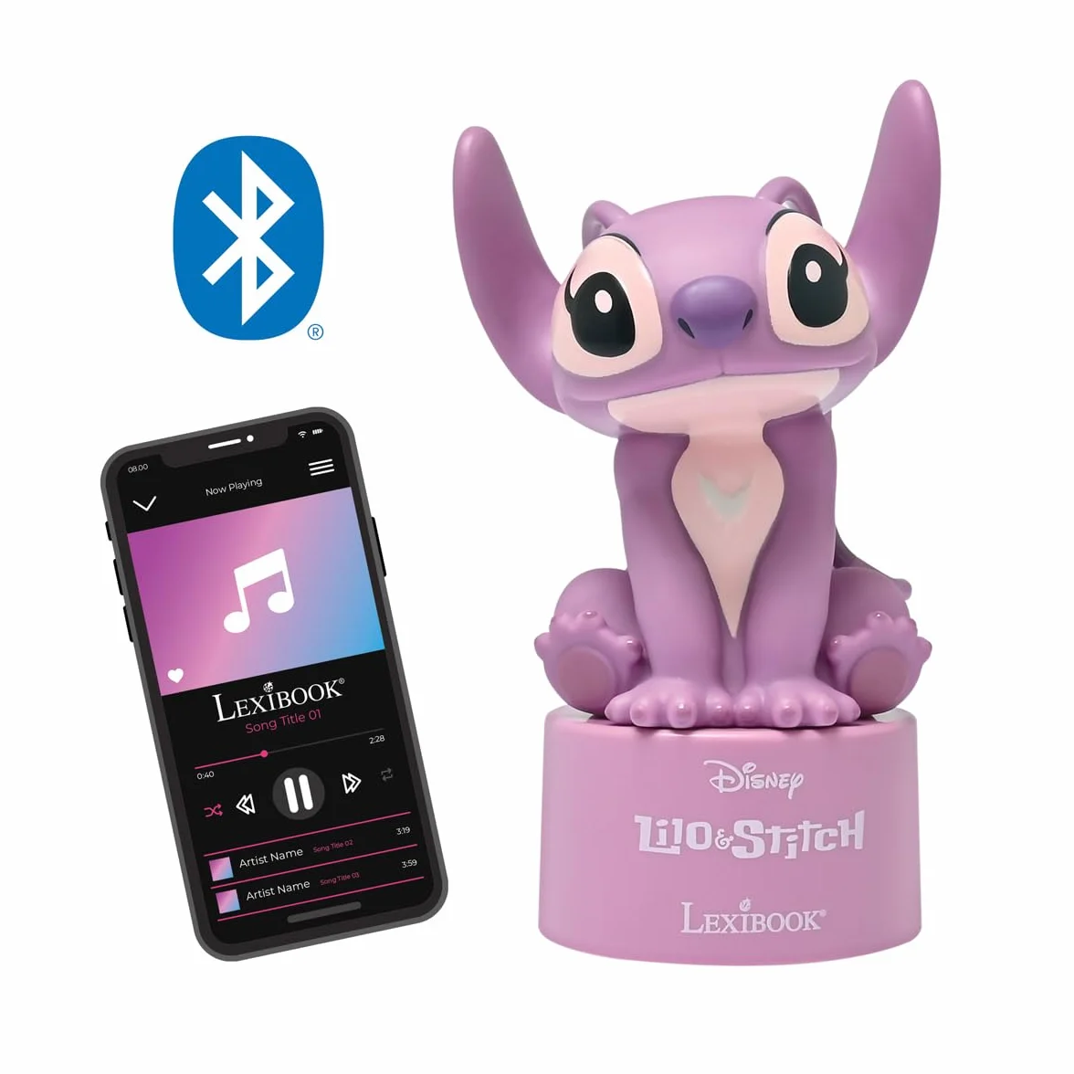 Lexibook, Stitch Angel, Lampka nocna Bluetooth, NS02D1 | Głośnik Bluetooth, lampka nocna LED, różowy