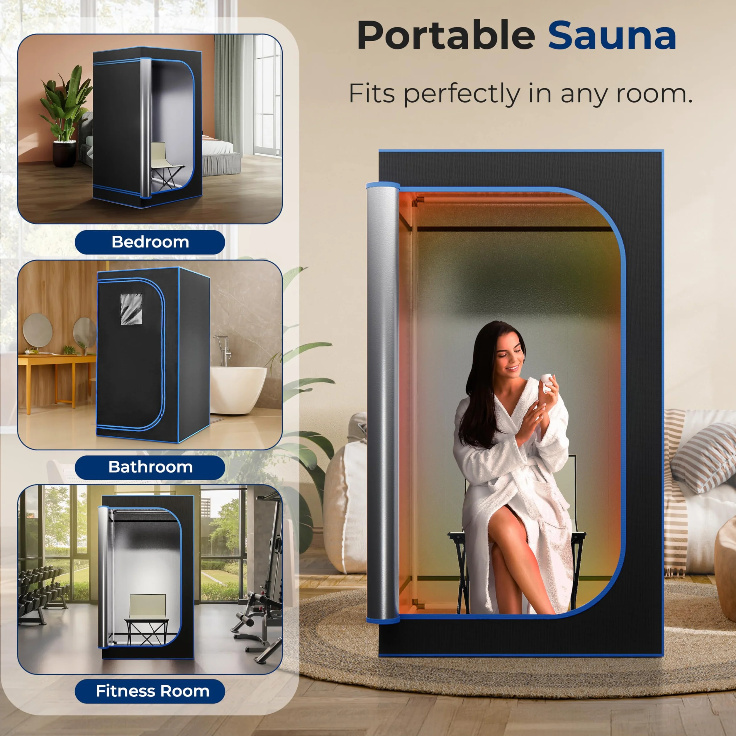 SereneLife Przenośna sauna domowa, spa na podczerwień osobista, sauna domowa 3 płyty grzewcze, sauna ze składanym krzesłem, podgrzewana podkładka, 102 x 84 x 80 cm, czarna
