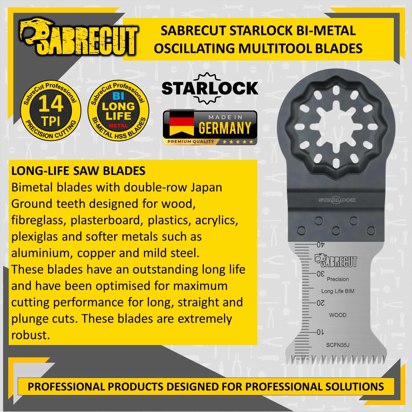 SabreCut 5pcs SCFN35J_5 35mm x 40mm 14 TPI Grube Ząb Ostrza multitool | Kompatybilne z Bosch, Fein (Non-StarLock), grube ostrza tną szybko