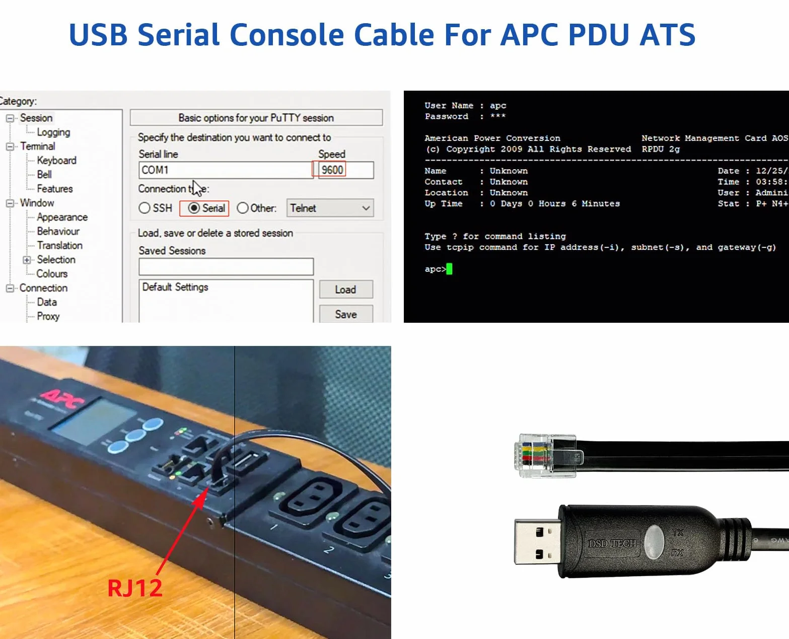 DSD TECH SH-RJ12C Kabel szeregowy USB-RJ12 6P4C RS232 do APC PDU ATS(5.9FT/1.8M)