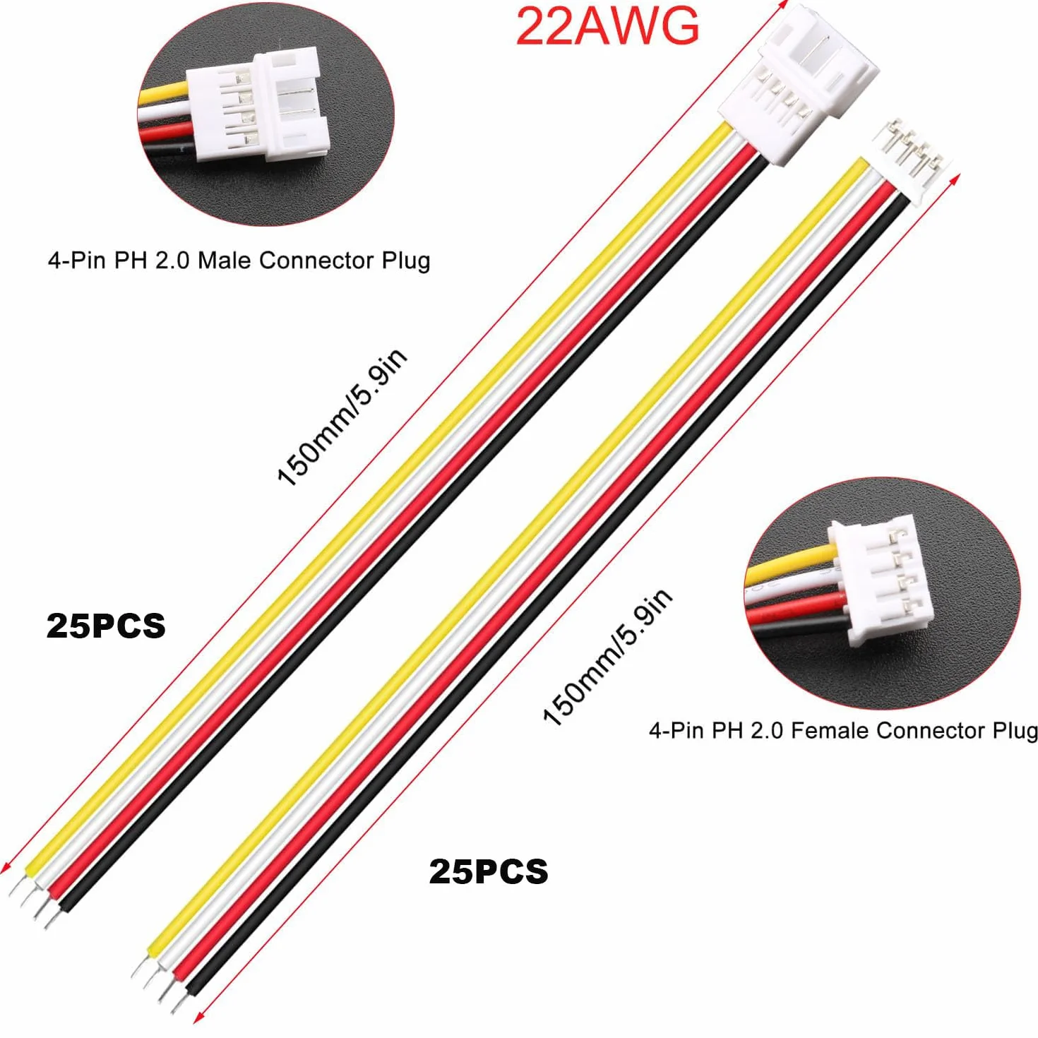 RUNCCI-YUN 50 sztuk 2,0 mm JST PH 4-pinowe złącze wtykowe męskie i żeńskie z kablem 15 cm