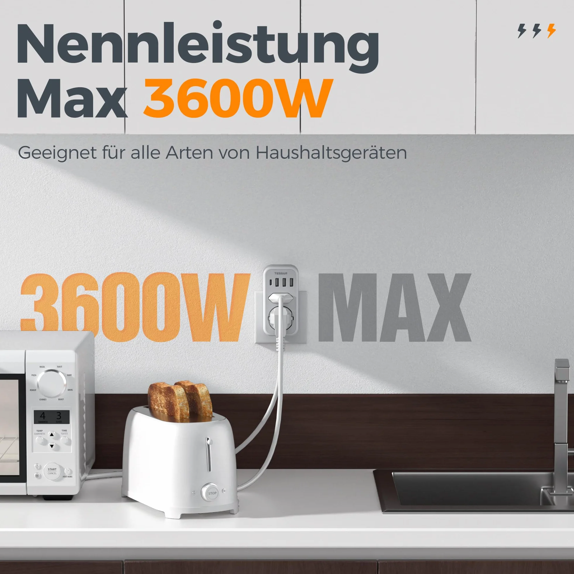 TESSAN Podwójna Wtyczka do Gniazda, Gniazdo Wielokrotne Gniazdo USB C, Adapter Gniazda 2 Drożny z 4 Wtyczkami Zasilającymi USB, Wielopunktowa Wtyczka do Gniazda i Adapter USB C, Szary