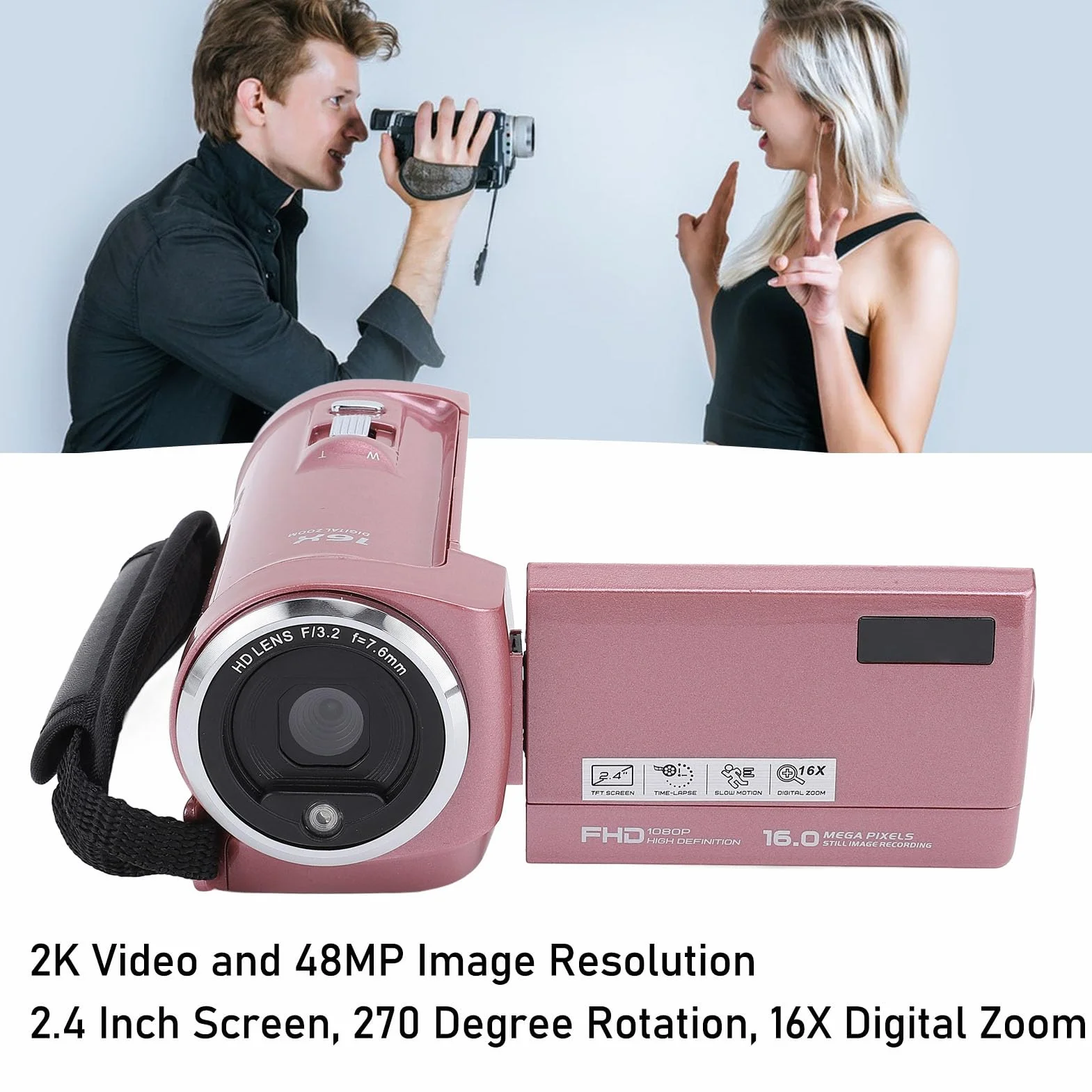 Kamera Wideo 48 MP 2K Zoom Cyfrowy 16X Ekran Obrotowy 2,4 Cala 270 Stopni Przenośna z Nagrywaniem w Pętli