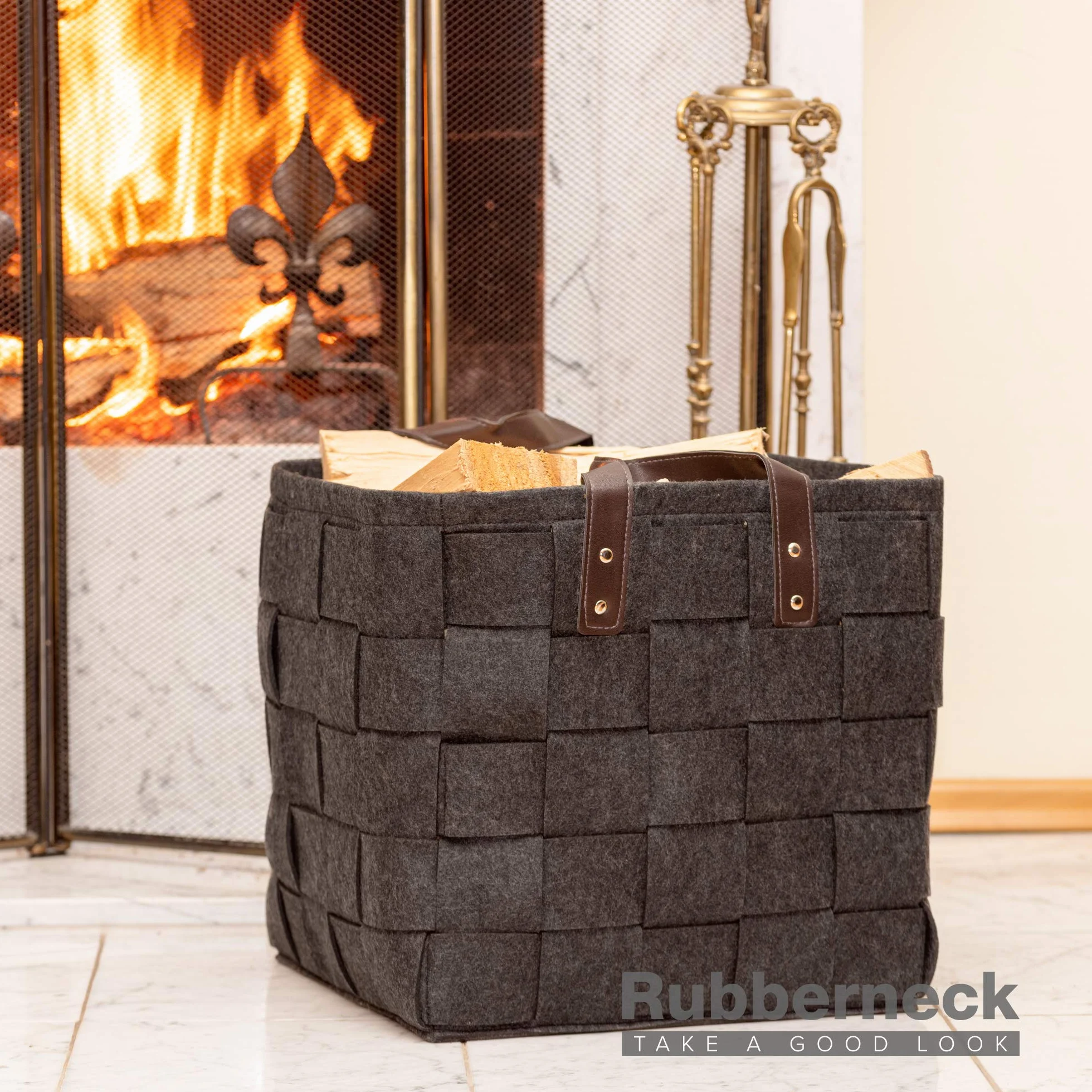 Rubberneck Filcowy kosz do przechowywania z uchwytami ze sztucznej skóry, na drewno, gazety, zabawki, 33 x 33 x 35 cm, ciemnoszary