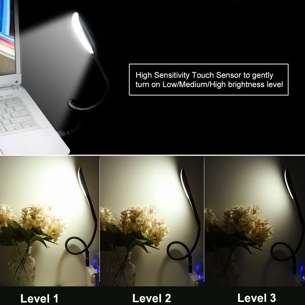 LEDGLE 2.8W LED ściemnialna lampa USB z 3 poziomami jasności, lampka nocna do czytania, białe światło 6000 K