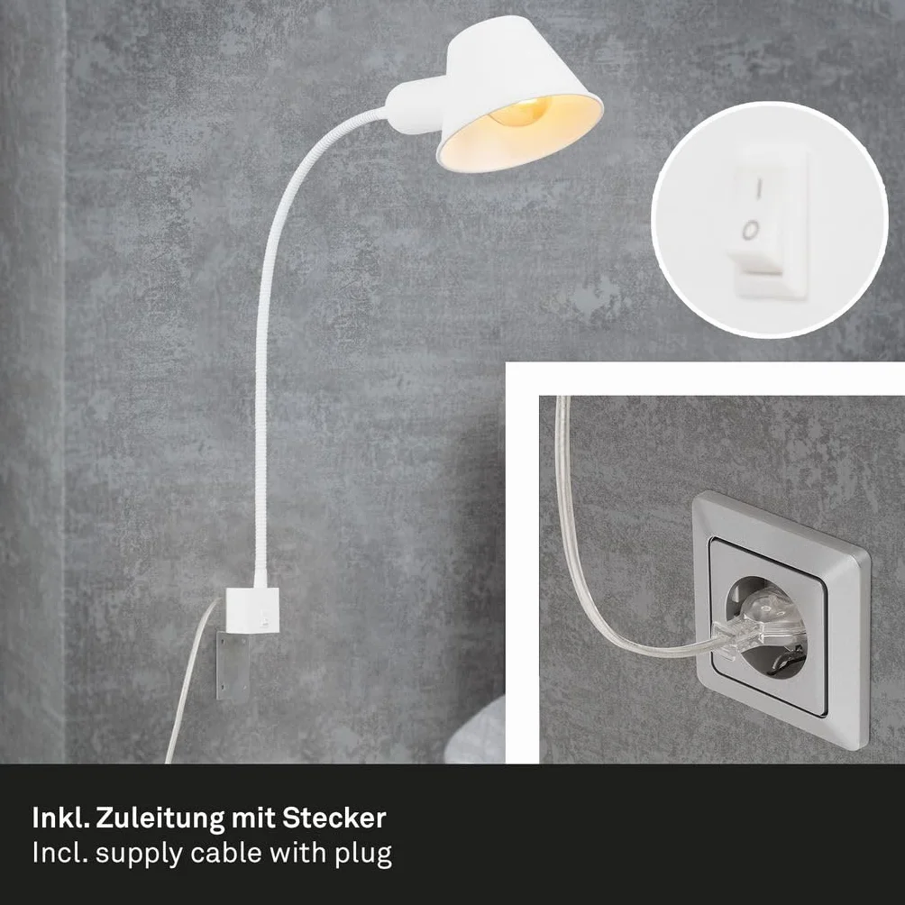 Briloner Elastyczna Lampa Nocna Biała z Przełącznikiem | Regulowana Lampa do Sypialni | Oprawka E27 | Maks. 10 W | Kabel 63 cm | Idealna do Czytania