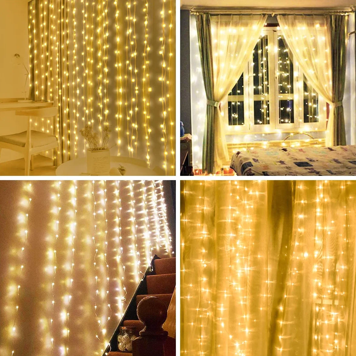 AOMIG Kurtyna świetlna LED, 3 × 3 m, 300 diod LED, 8 trybów, zdalne sterowanie, timer, regulowana jasność, wodoodporna, okienna, zasilanie USB i baterią, do sypialni, na imprezę, ciepła biel
