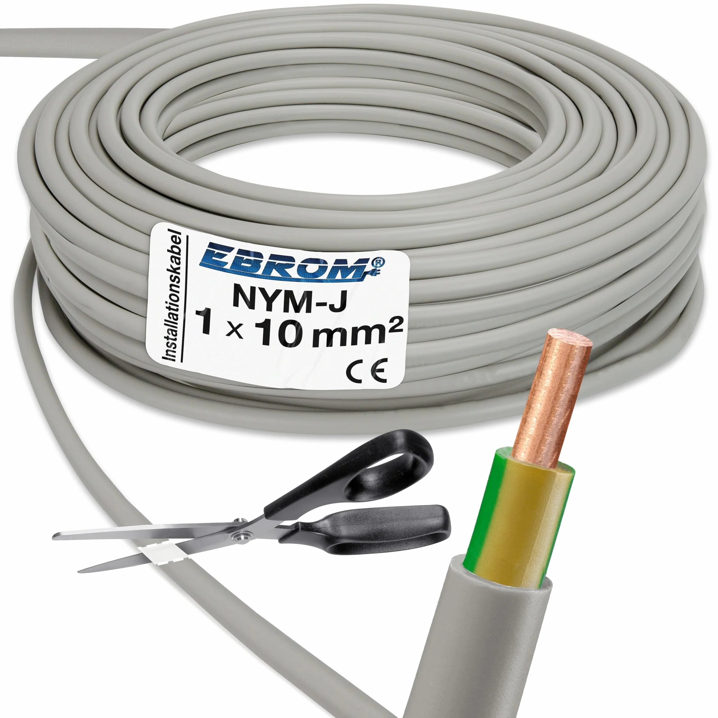 Przewód płaszczowy, przewód uziemiający, szary, NYM-J, 1 x 10 mm² (mm2), towar sprzedawany na metry, wybór w odstępach 1 metra – przykład: 20 m – 25 m – 35 m – 50 m itd.
