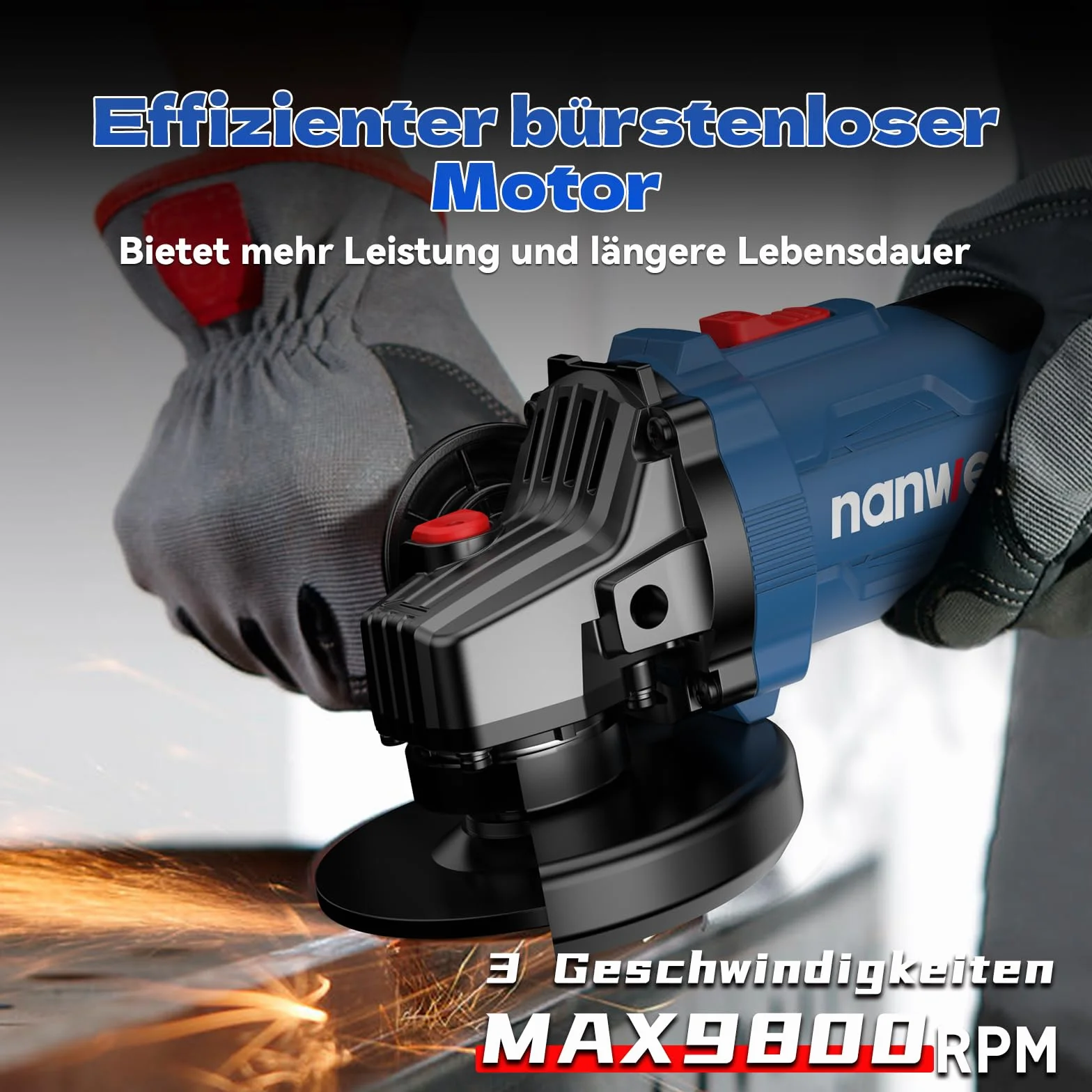 NANWEI Akumulatorowa szlifierka kątowa, kompatybilna z akumulatorem Makita 18 V, bezszczotkowa szlifierka kątowa 125 mm, elektronarzędzie z uchwytem bocznym i tarczami, tryb 3-biegowy (125 mm bez