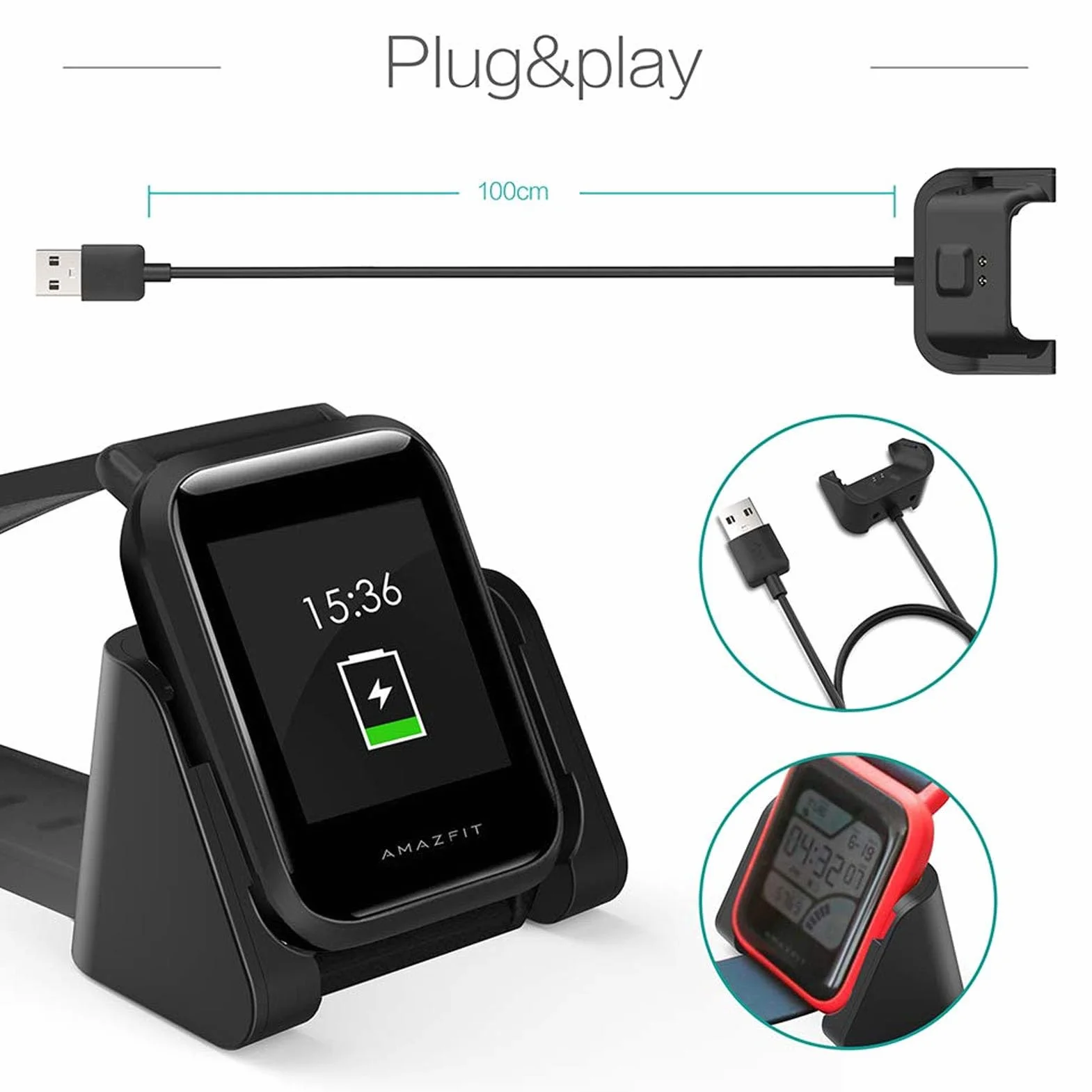 Ładowarka Kompatybilna z Bip Youth A1608, Wymienny Smartwatch USB Przewód do Stacji Dokującej, Kabel ładujący, 5 V 300 MA, 3,3 Stopy Czarny