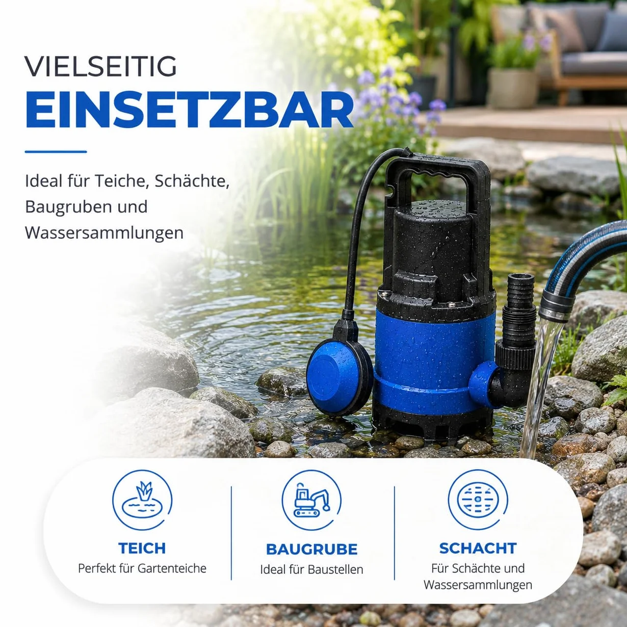Pompa zanurzeniowa 400 W do brudnej wody, z przepływem 7500 l/h – maks. wysokość tłoczenia 5 m, głębokość zanurzenia 4 m, przewód 10 m, wyłącznik pływakowy i ochrona termiczna, powódź i wysoka woda