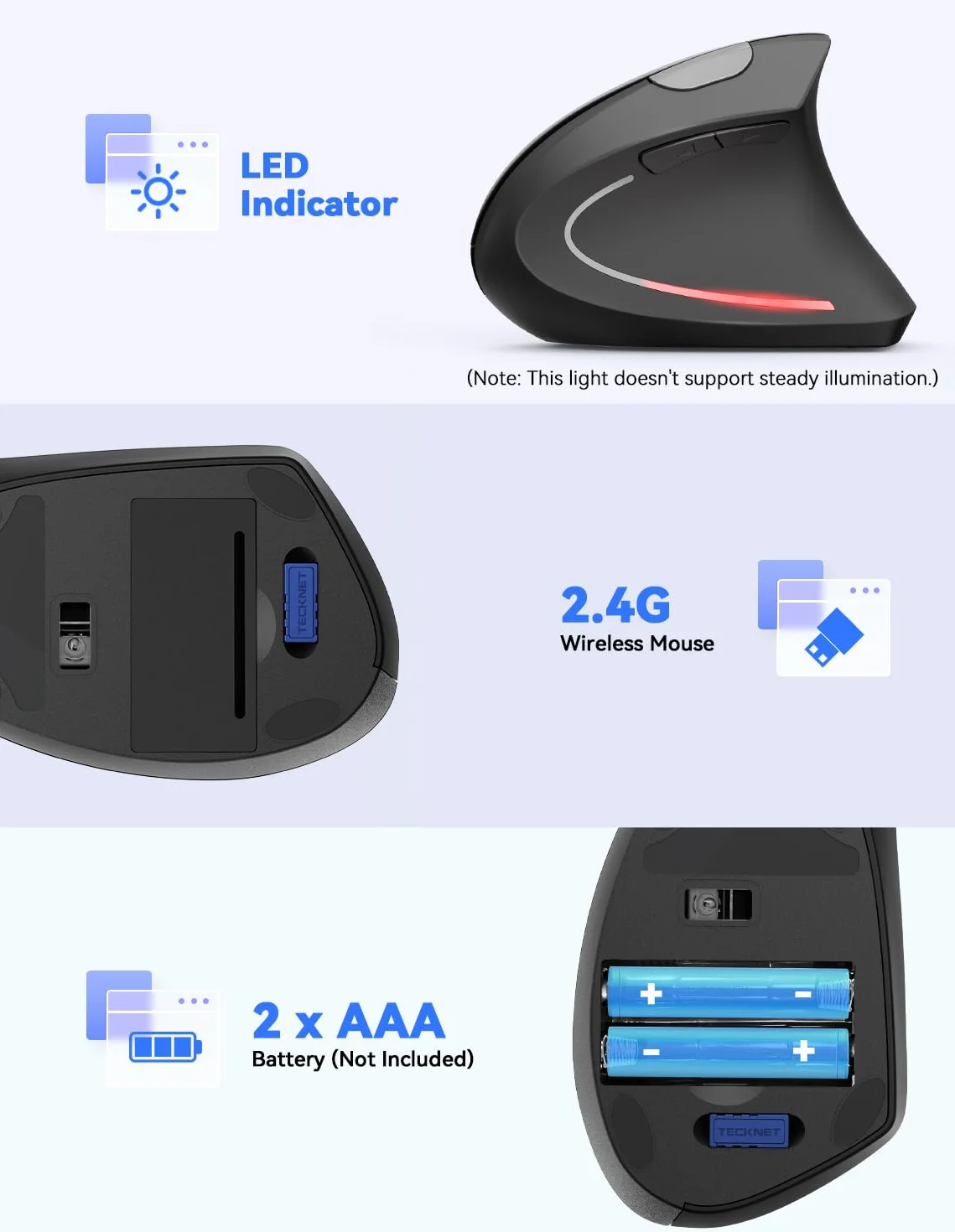 TECKNET Ergonomiczna Bezprzewodowa Mysz Pionowa 4800DPI 6 Przycisków 5 Poziomów DPI 24 Miesiące Baterii Optyczna Czarny