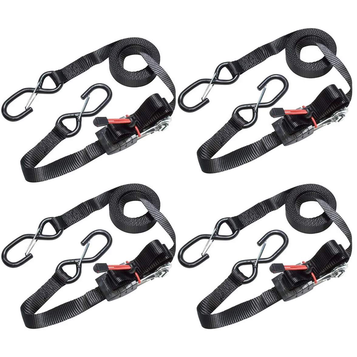 Master Lock 3056EURDAT pasek mocujący z grzechotką z haczykami w kształcie litery S, odblaskowy i czarny, pasek 4,25 m x 25 mm, 4 sztuki