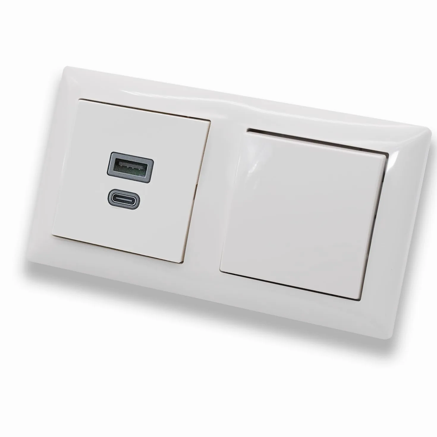 EBROM USB-C i USB-A podtynkowe gniazdko/ładowarka, moc 45 + 15 W – funkcja szybkiego ładowania do urządzeń do noszenia, smartfonów i tabletów z przełącznikiem kołyskowym Busch Jäger 2000/6 US in