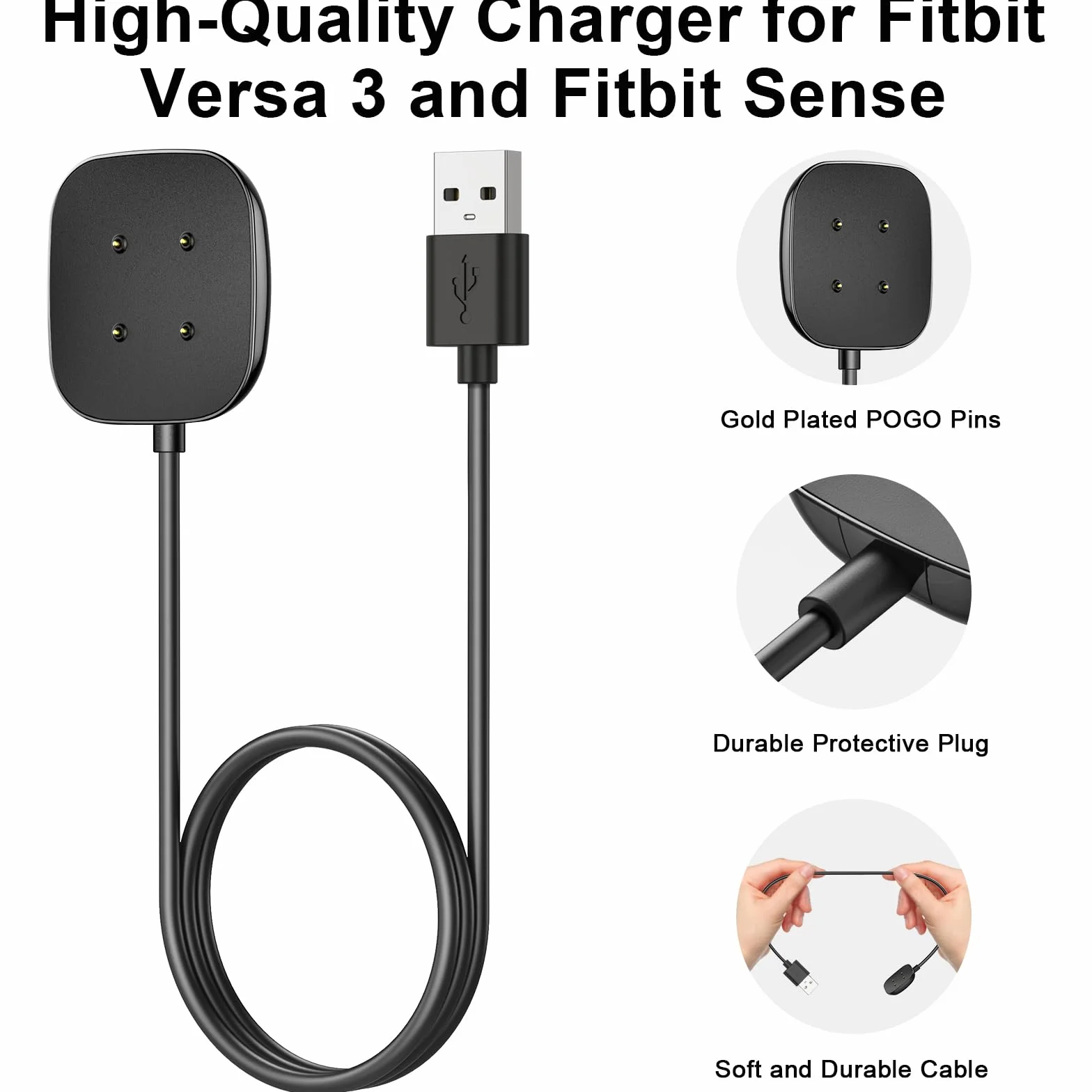 Kabel do ładowania Fitbit Versa 4 / Sense 2 / Versa 3 / Sense, 50 cm i 100 cm, USB stacja ładująca