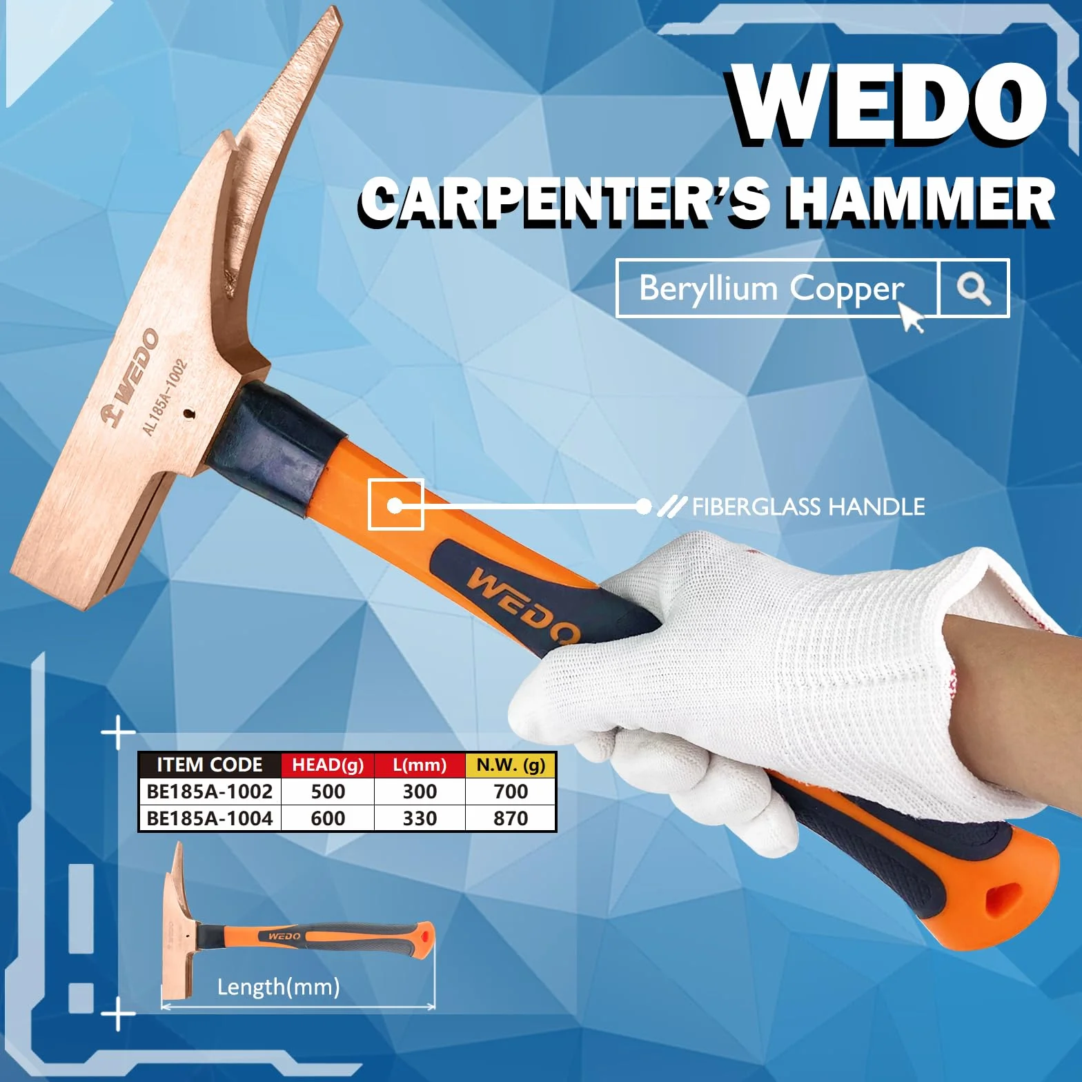 WEDO Młotek stolarski nieparkingowy, bez iskier, miedź berylowa, niemagnetyczna, standard DIN, certyfikat BAM i FM, 600 g x 330 mm