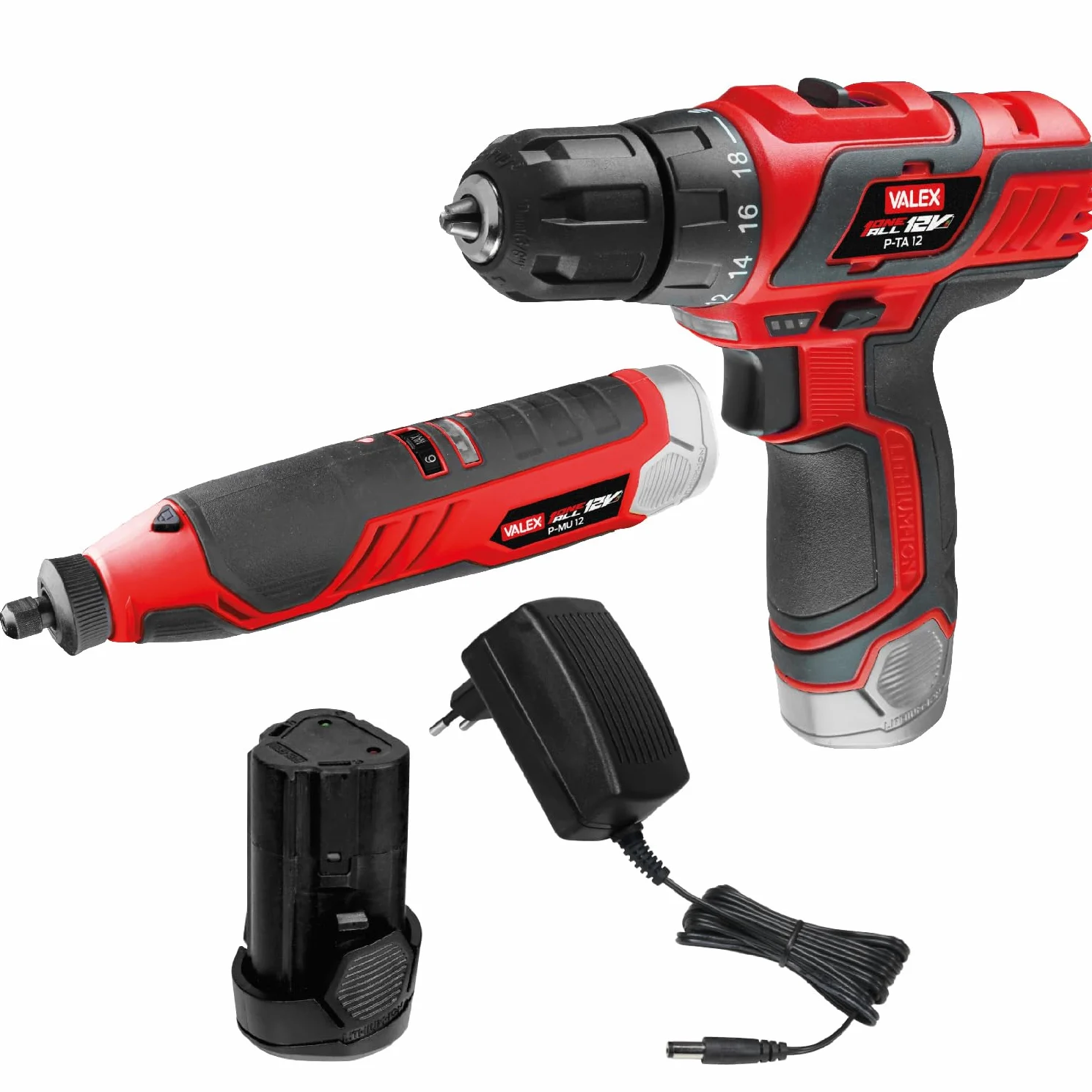 Valex Zestaw wiertarek + narzędzia wielofunkcyjne z akumulatorem litowym 12 V, zestaw 2 szt., zestaw narzędzi bezprzewodowych, akumulator i ładowarka OneAll 12 V, 2 Ah