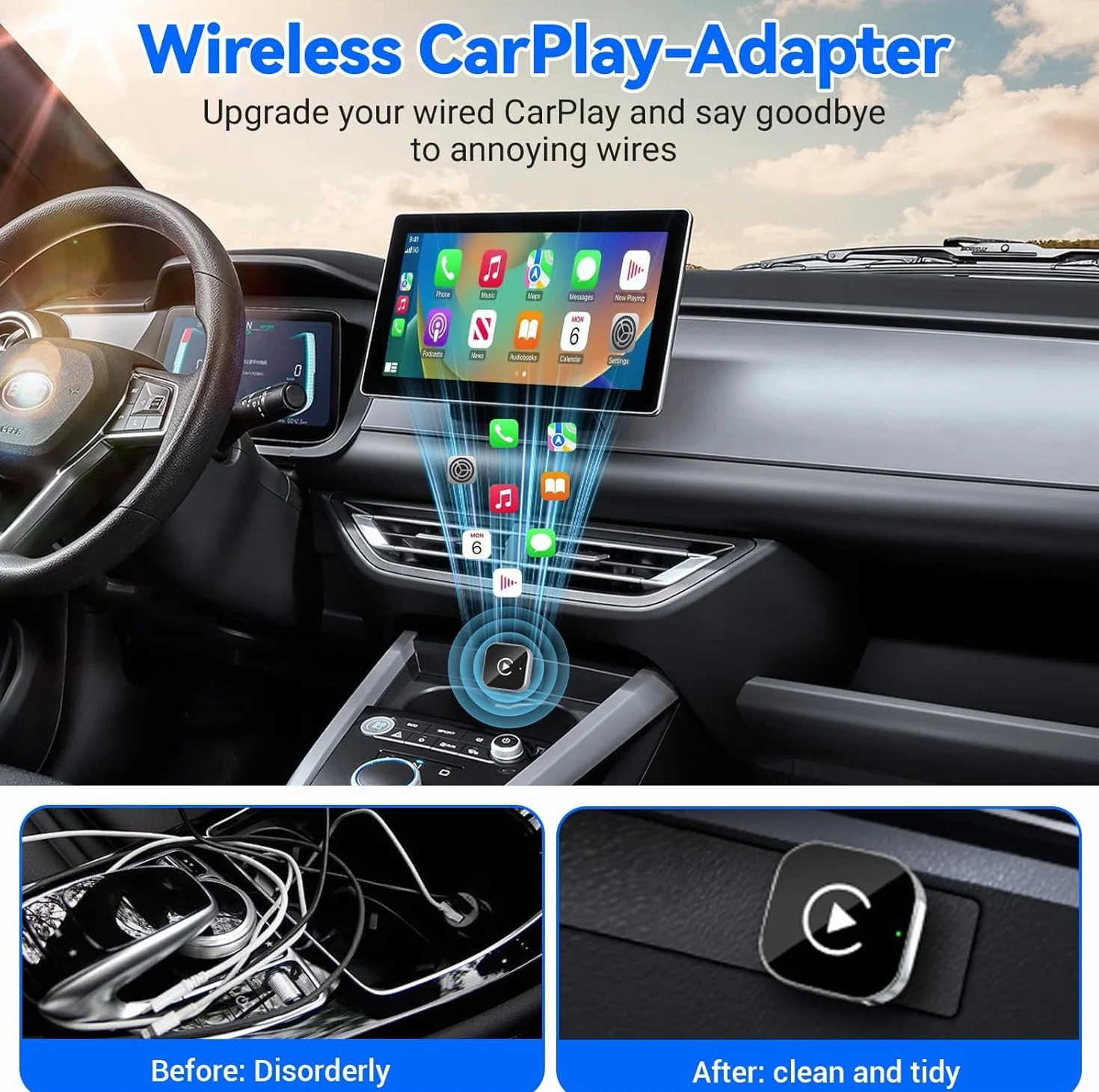 Bezprzewodowy adapter CarPlay – Ulepsz swoje CarPlay do wersji bezprzewodowej, mini USB do samochodów z przewodowym systemem Apple, Plug & Play, szybkie i stabilne połączenie dla iPhone