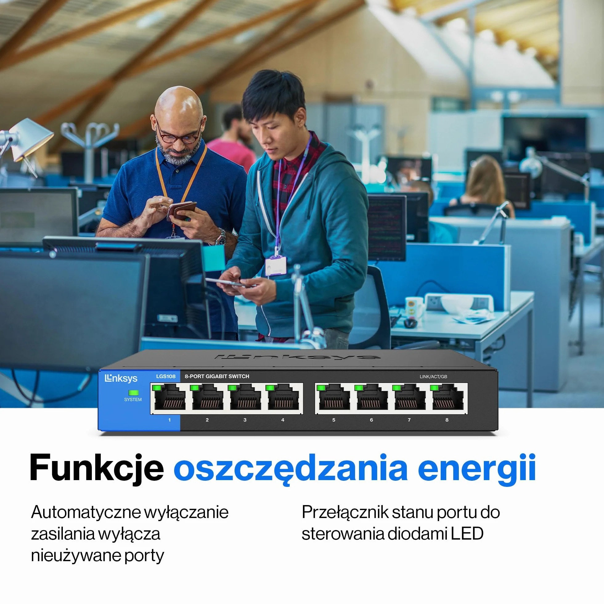 Linksys LGS108-EU 8-portowy Przełącznik Sieciowy Gigabit (bez wentylatora, funkcja Auto Sensing, funkcja oszczędzania energii), Czarny