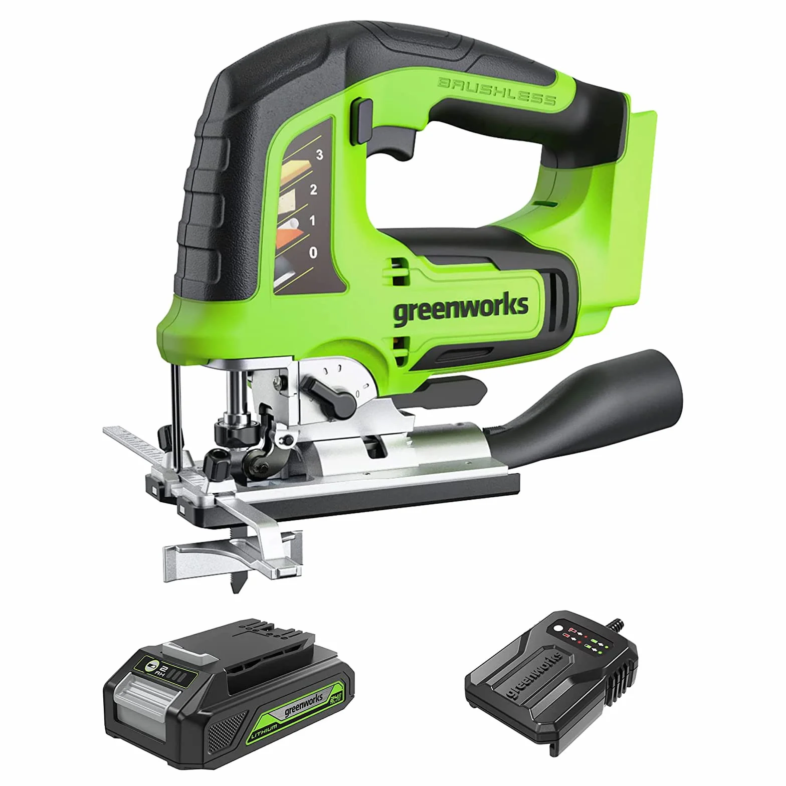 Greenworks GD24JSK2 Wyrzynarka Akumulatorowa z 2 Ostrzami, 3000 obr./min, Regulowana Podstawa do 45°, Przystawka Próżniowa PLUS 24V 2 Ah Bateria i Ładowarka