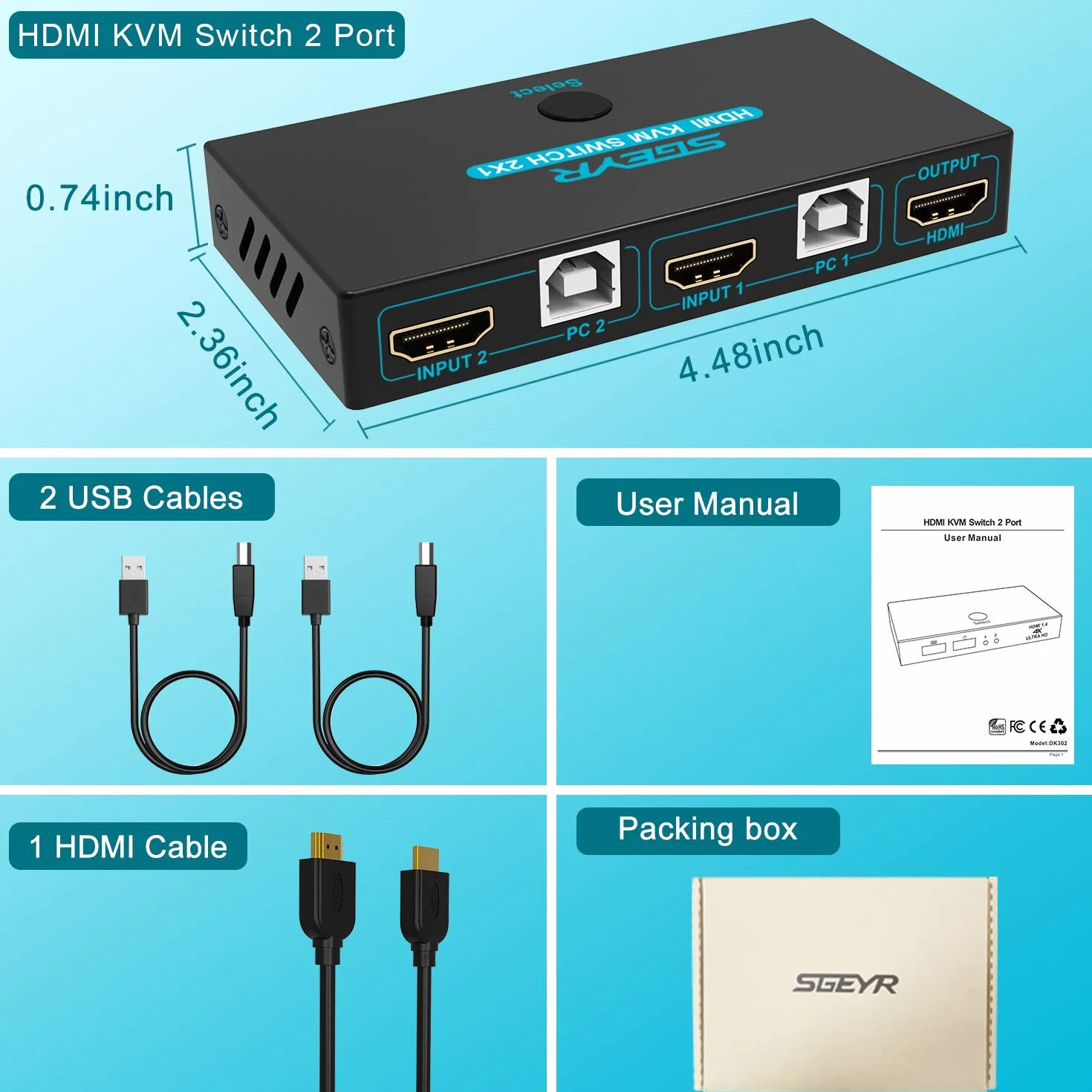 Przełącznik KVM HDMI 2x1 4K 2 porty USB metalowa obudowa Auto Scan Zestaw kabli 4K@30Hz UHD 3D 1080P