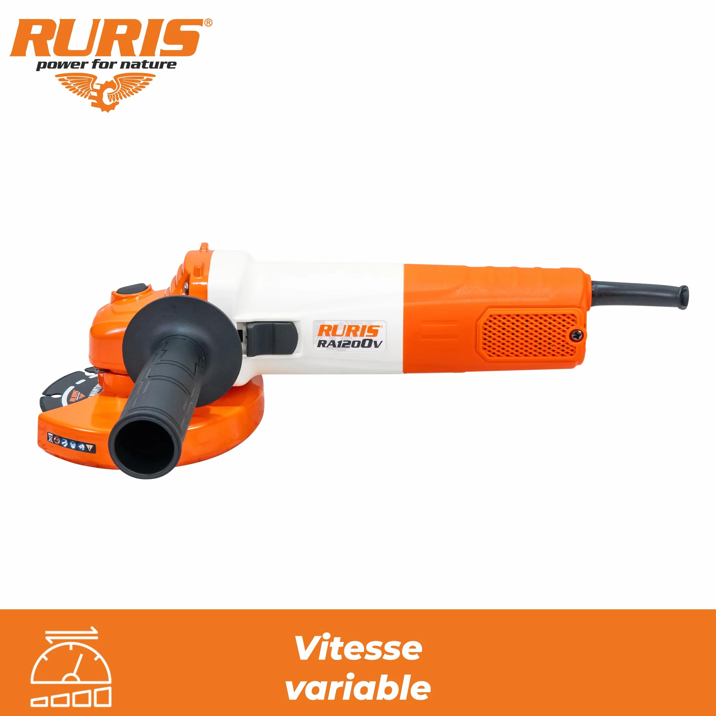 RURIS RA1200V elektryczna szlifierka kątowa 1200 W, tarcza 125 mm, zmienna prędkość, 3000-11000 obr./min, system Power Off, uniwersalne narzędzie do cięcia i szlifowania metalu, betonu, kamienia