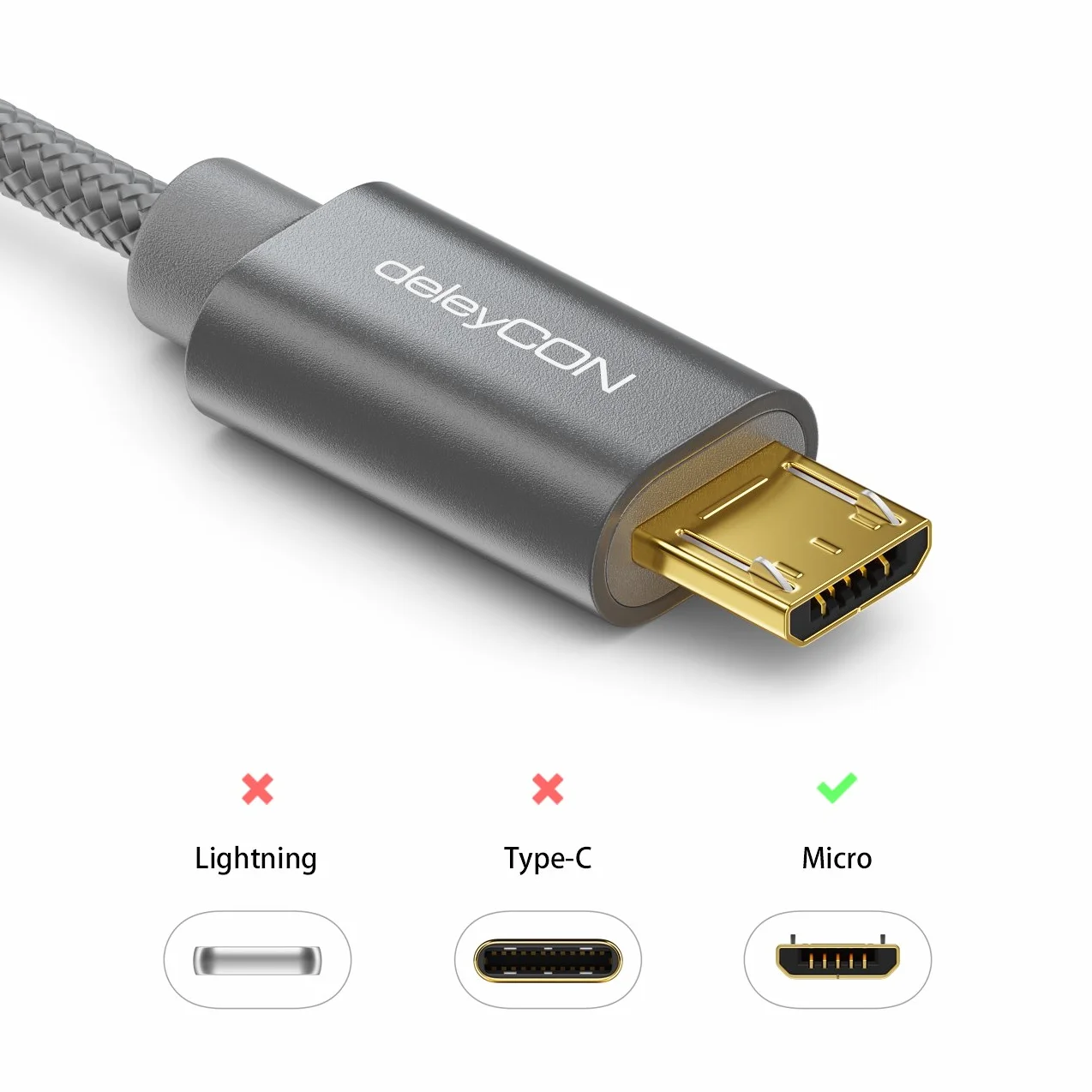 deleyCON Micro USB Kabel 3,0m Nylon Metalowe Wtyki Ładowania Przewód Danych Szary