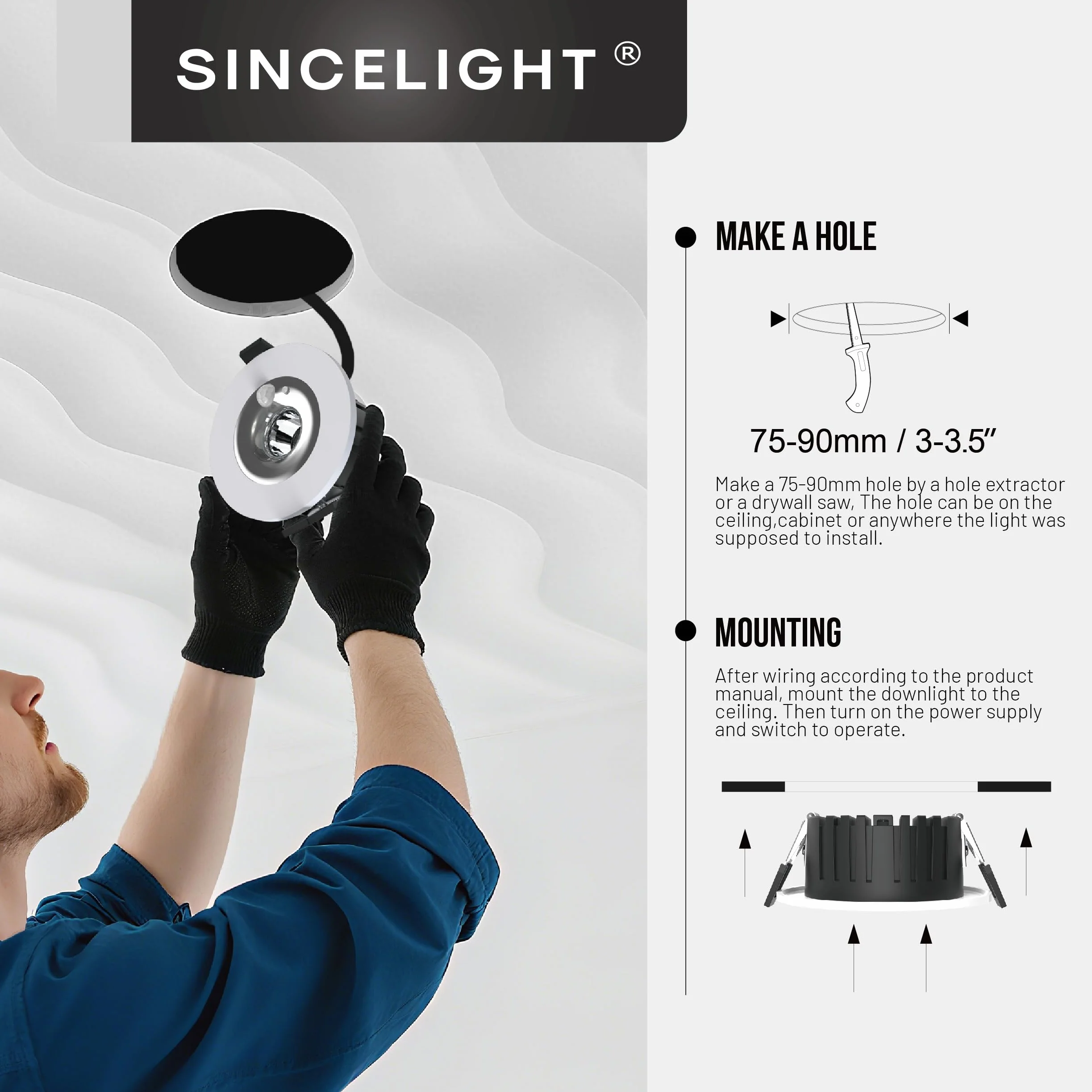 SINCELIGHT PIR Czujnik Ruchu LED Oprawa Wbudowana, 12W Wpuszczane Reflektory Sufitowe na otwory Φ75mm, Automatyczne WŁĄCZ./WYŁĄCZ., Aktywacja Ruchem, 4000K Neutralna Biel, 1 szt.