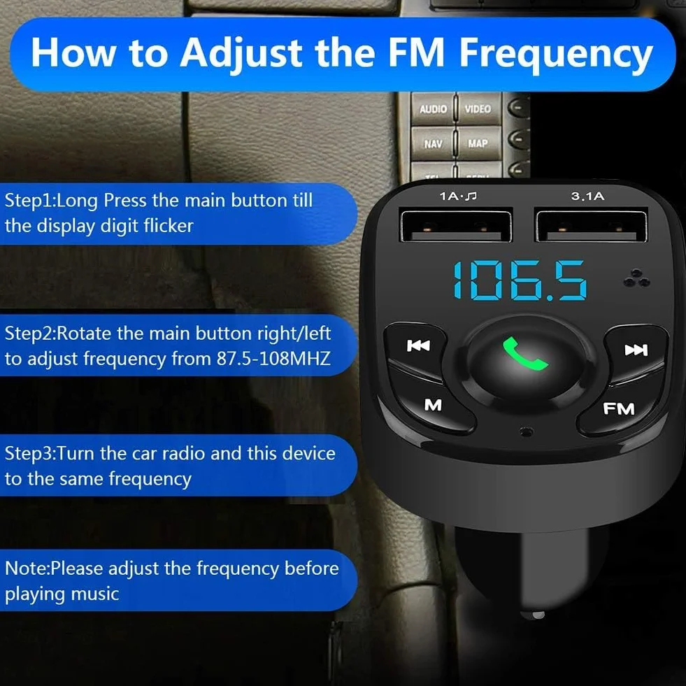 MKOIJN Samochodowy nadajnik FM Bluetooth Radio Zestaw głośnomówiący MP3 Odtwarzacz Ładowarka 2 porty USB 5V/2,4A 1A