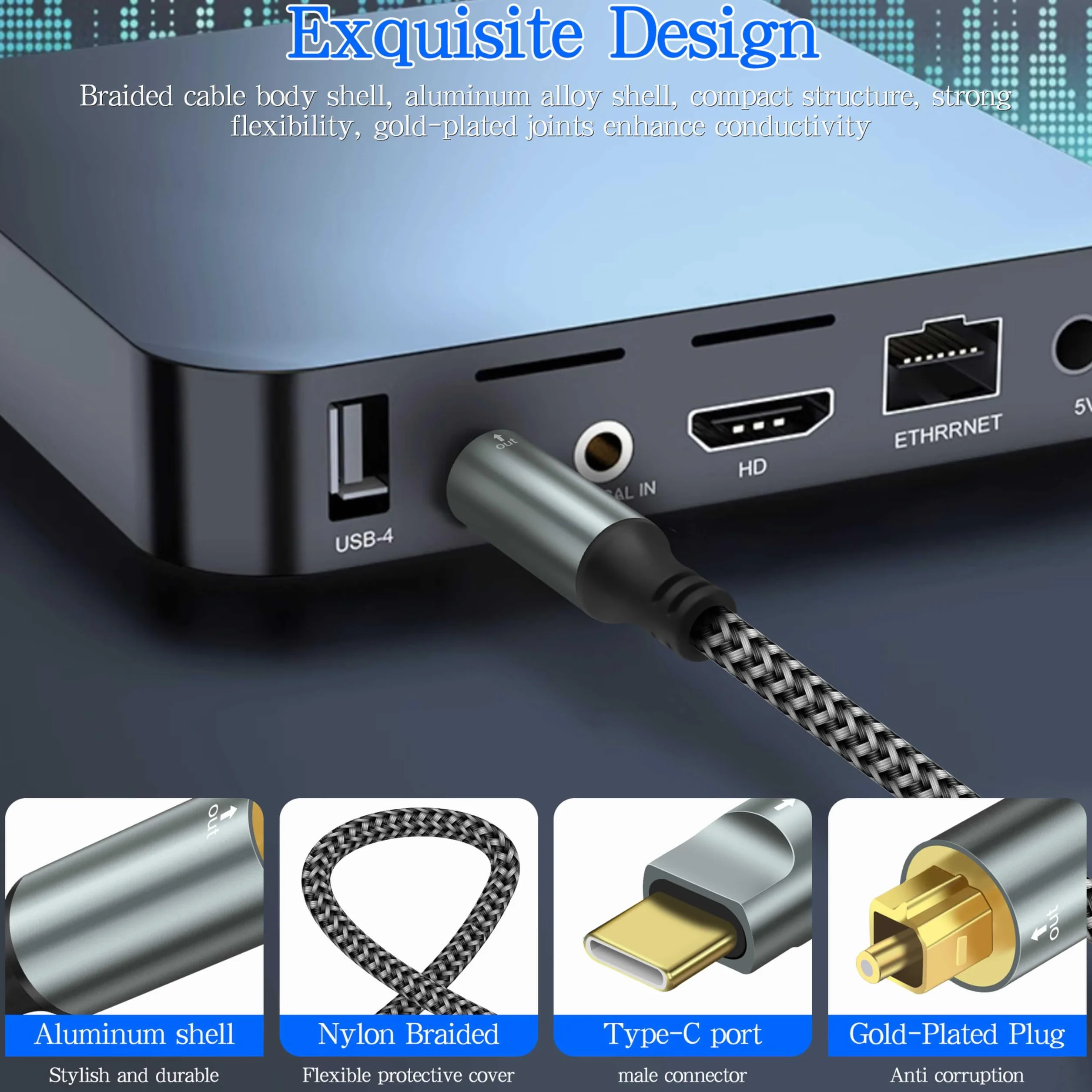 Optyczny kabel audio USB C na TOSLINK, konwerter SPDIF, kompatybilny z Hi-Fi