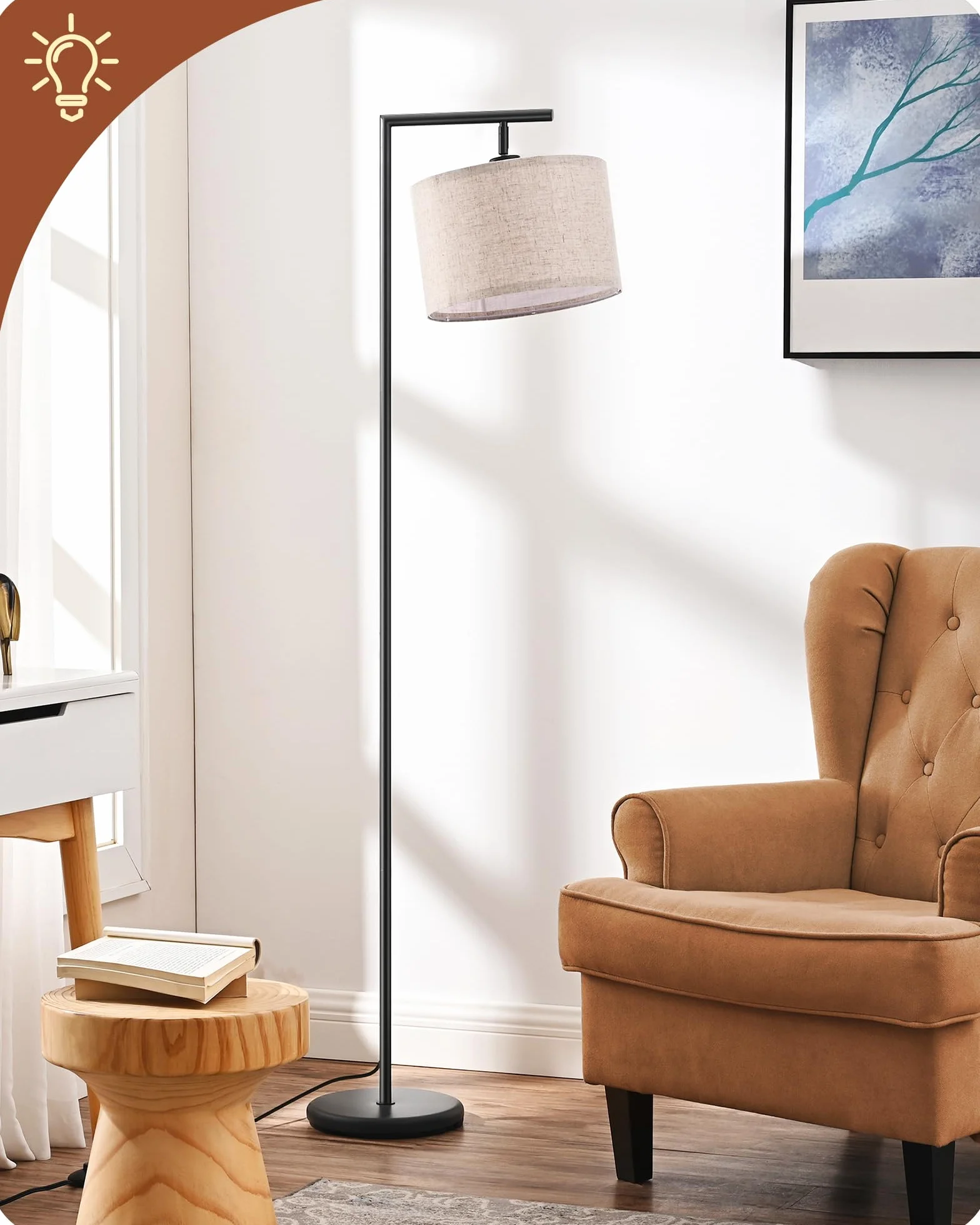 EDISHINE Lampa stojąca do salonu, lampa łukowa z beżowym lnianym kloszem, gniazdo E27, 160 cm, czarna lampa podłogowa z regulowanym kloszem, do sypialni, pokoju dziecięcego