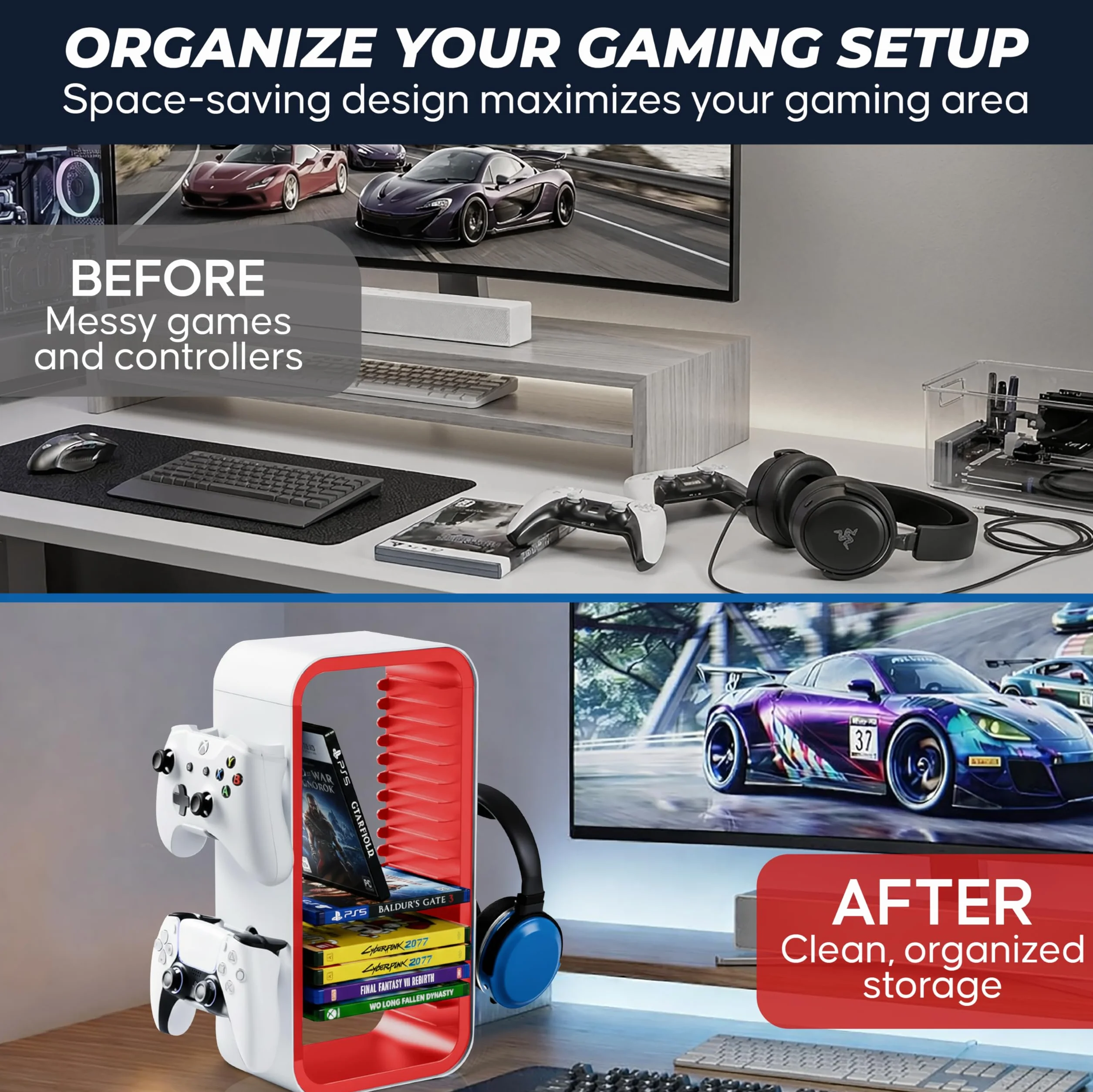 Universal Games Storage Tower Pro do 18 gier uchwyt kontrolera 4 gamepady akcesoria gamingowe PS5 PS4 Xbox Switch biały czerwony