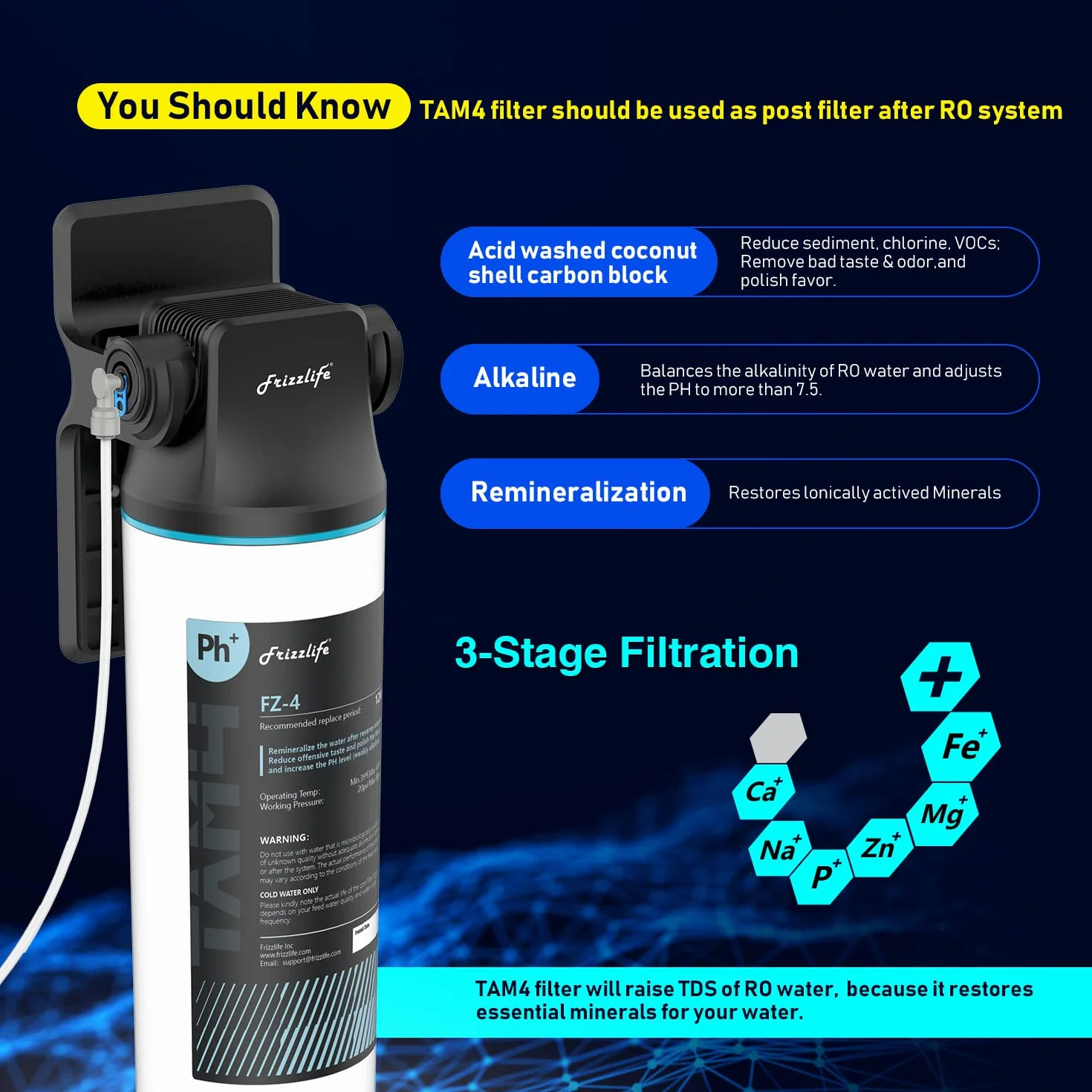 Frizzlife TAM4 Inline filtr wody pod zlewem - alkaliczna remineralizacja PH+, certyfikat NSF/ANSI 42, regulacja smaku i PH, przywracanie niezbędnych minerałów, rura 1/10.2 cm pasuje do systemów