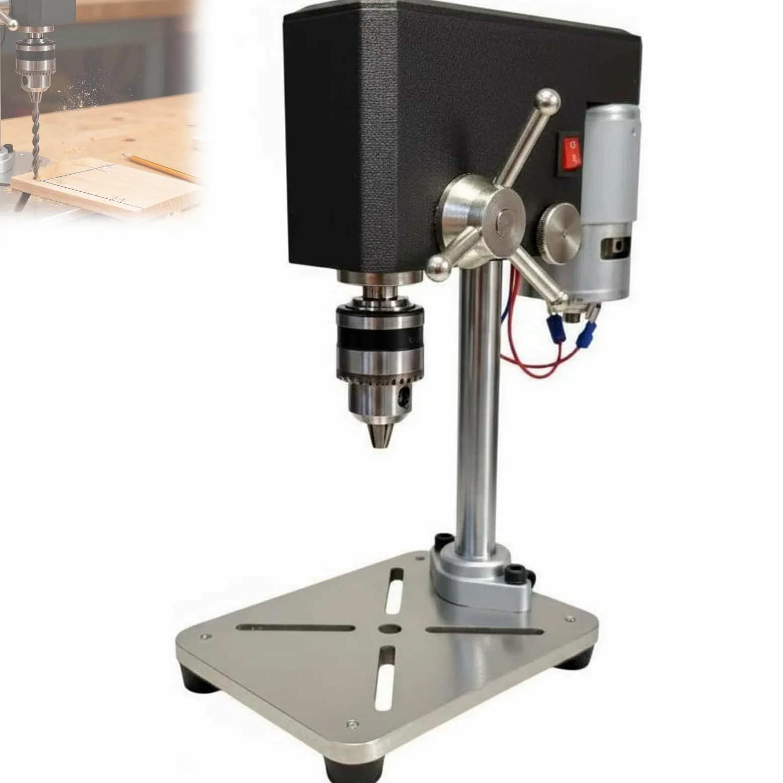Mini wiertarka stołowa 95 W, maks. 5000 obr./min, regulowany uchwyt o pojemności 6 mm, skok wrzeciona 100 mm, stabilna metalowa podstawa z gniazdami montażowymi, do biżuterii, drewna, plastiku