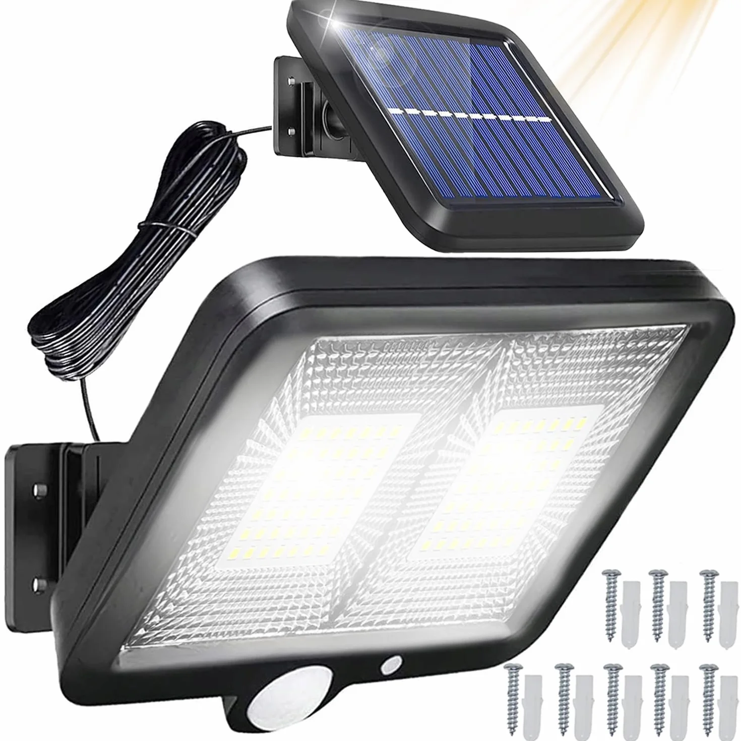 Retoo Lampy solarne do użytku na zewnątrz z czujnikiem ruchu, 98 diod LED, ulepszony model lampy solarne do ogrodu, lampy solarne na zewnątrz, idealna na taras, werandę, garaż, drzwi wejściowe