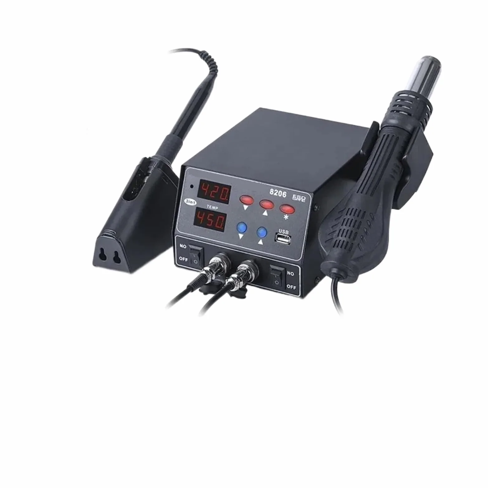 Stacja lutownicza, Stacja Lutownicza SMD 800W Szybkie Nagrzewanie 3 W 1 Opalarka Interfejs USB Wyświetlacz LED Lutownica BGA Rework Spawalnicza 8206(Brown)