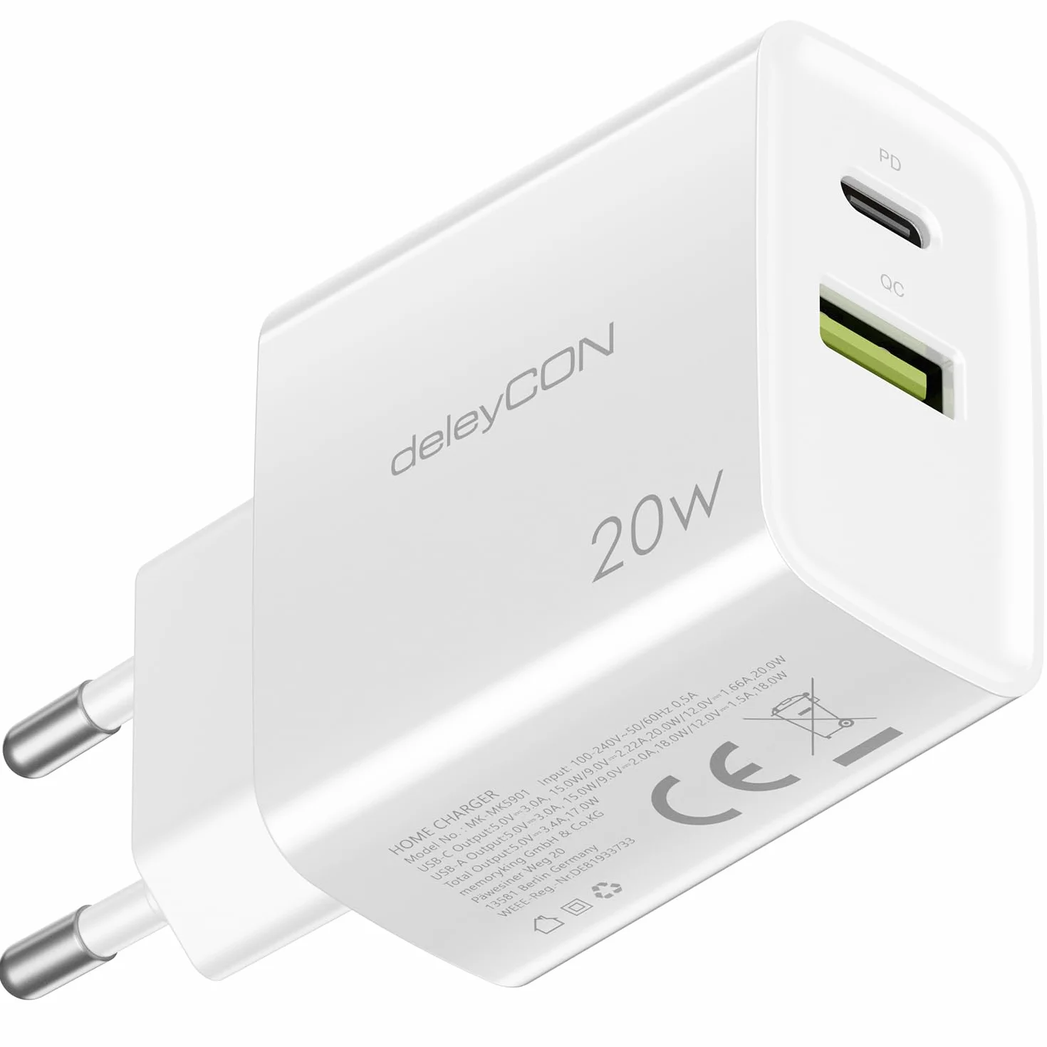 deleyCON Ładowarka USB-A i C 2 Porty PD 3.0 Szybkie Ładowanie Biała