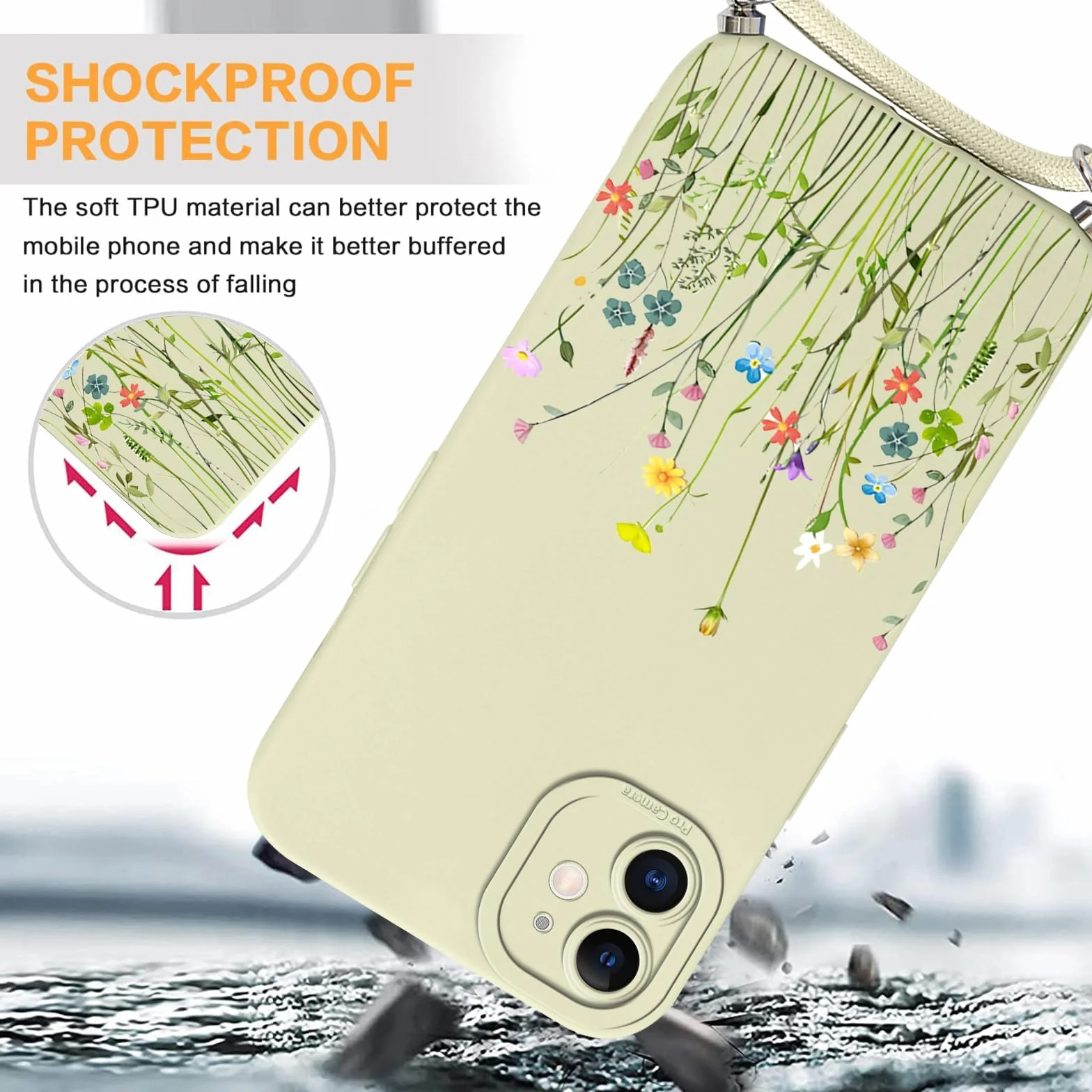 Smycz do iPhone'a 12 6.1", etui silikonowe TPU z kwiatami, ochronny futerał