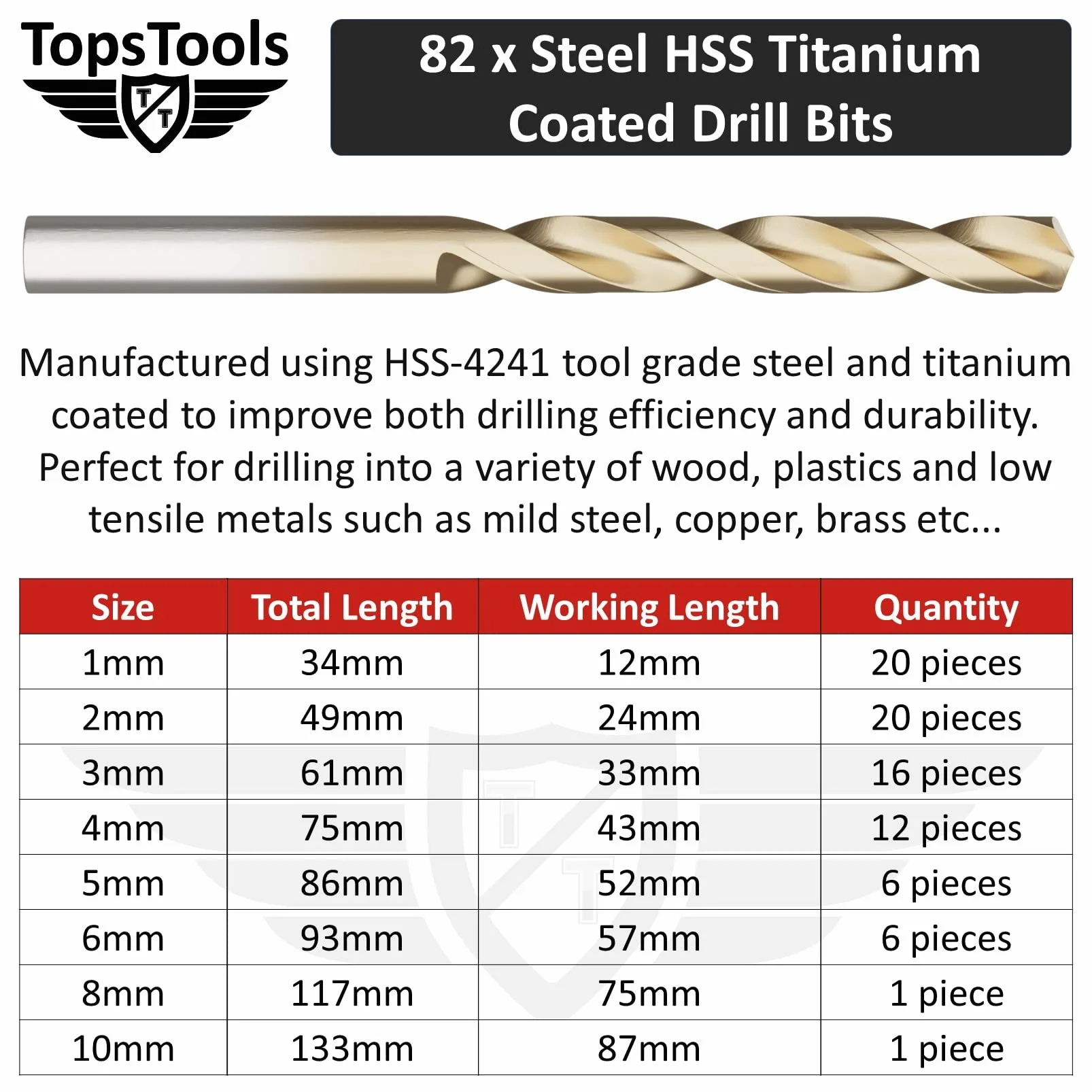 TopsTools 151pcs TT151TW 1mm 10mm Drewno Beton Cegła Wiertła Trwały | Mixed HSS, carbide masonry i brad-point drewno bits zapewniają trwały wiercenie across metal, masonry, drewno i plastiku