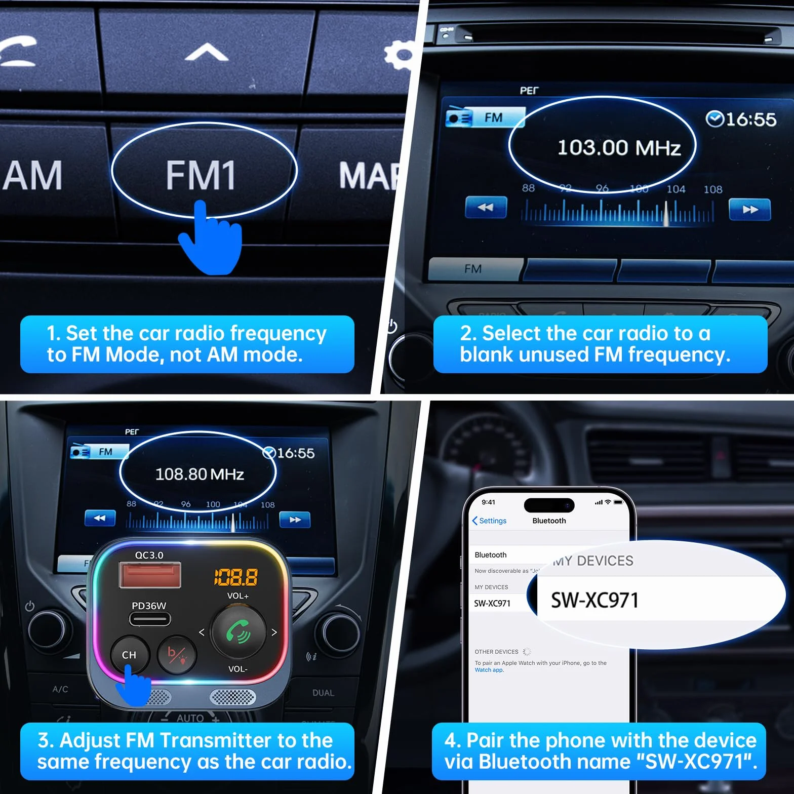 Syncwire Nadajnik FM Bluetooth 5.4 54W PD&QC3.0 Ładowarka samochodowa USB C [Podwójny mikrofon i dźwięk basowy HiFi] [Szybkie ładowanie] [Przełącznik światła] Odbiornik radiowy rozmowy głośnomówiący,
